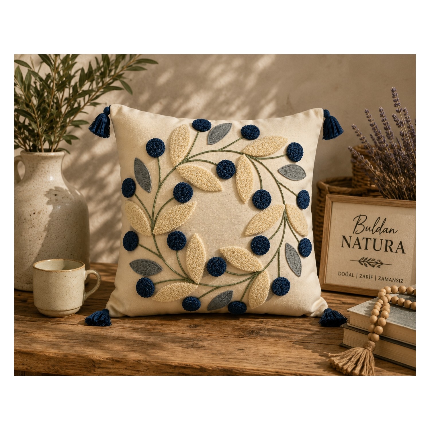 Buldan Natura Papatya Çiçek ve Yaprak Motifli Punch Nakışlı Pamuk Dokuma Kırlent Kılıfı 42×42 cm 2. görsel