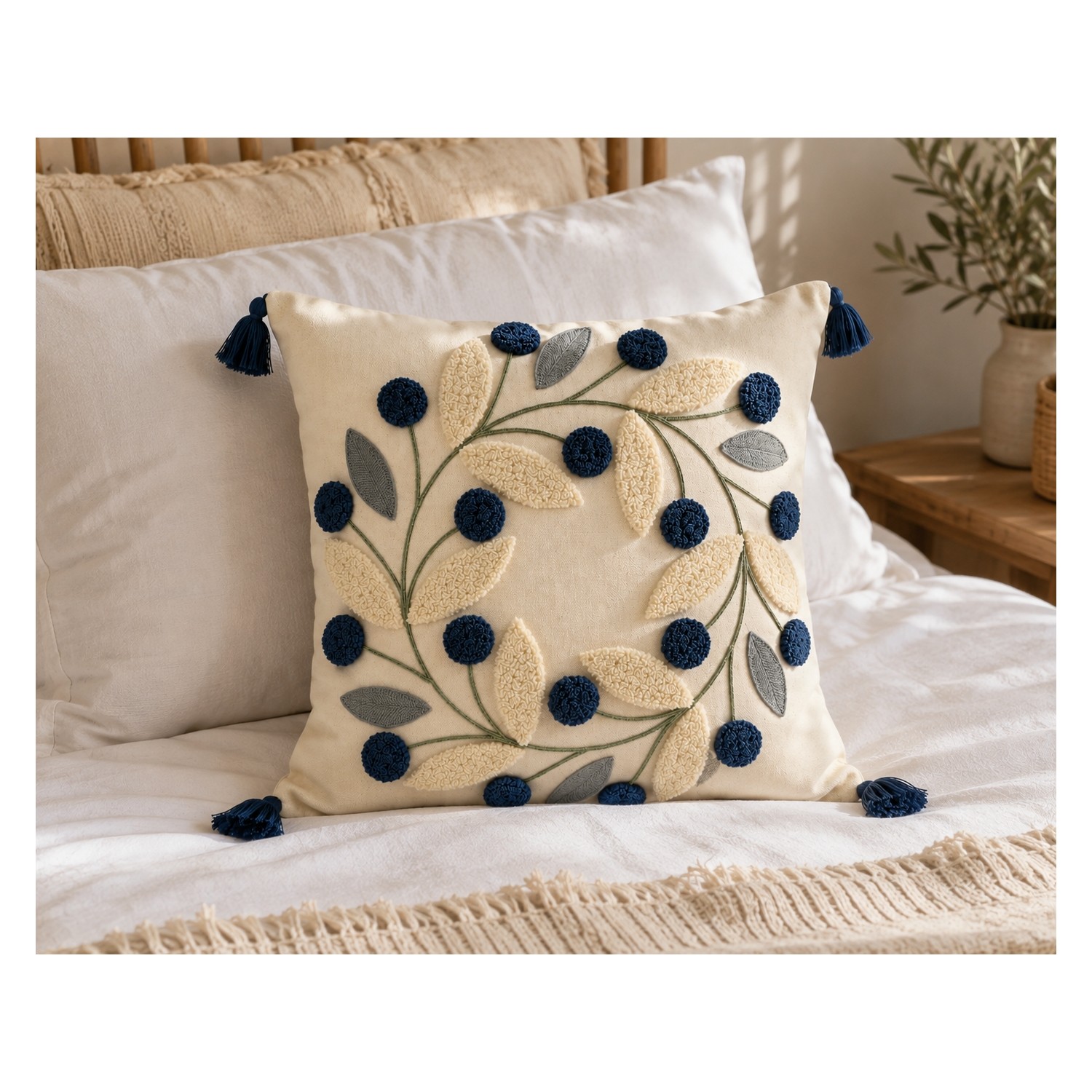 Buldan Natura Papatya Çiçek ve Yaprak Motifli Punch Nakışlı Pamuk Dokuma Kırlent Kılıfı 42×42 cm 4. görsel