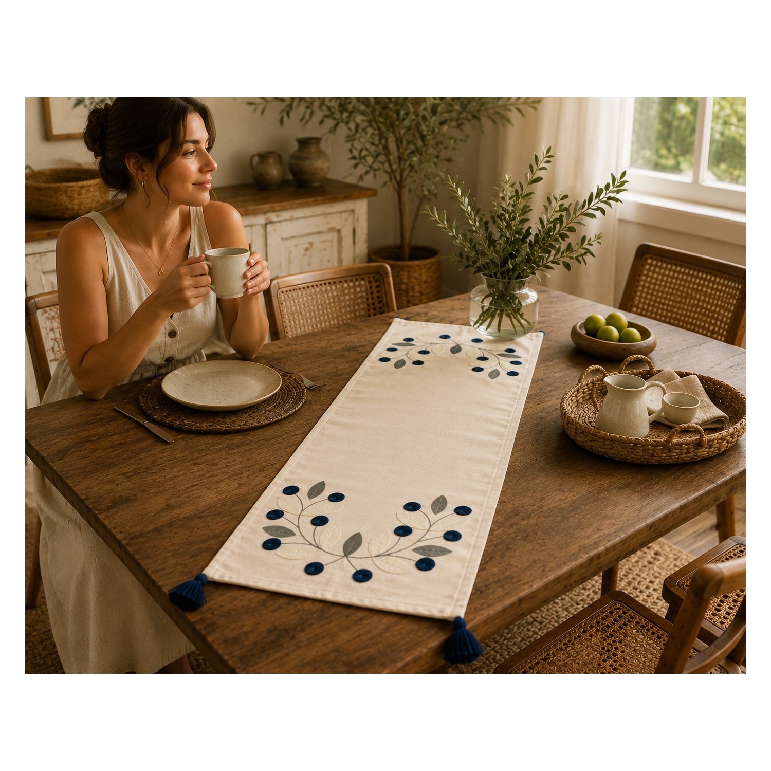 Buldan Natura Papatya Çiçek ve Yaprak Motifli Punch Nakışlı Dekoratif Runner 40×130 cm 2. görsel
