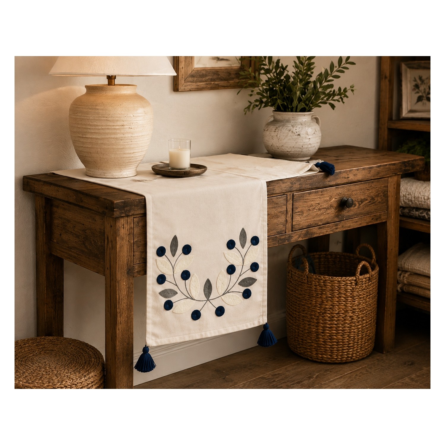 Buldan Natura Papatya Çiçek ve Yaprak Motifli Punch Nakışlı Dekoratif Runner 40×130 cm 3. görsel