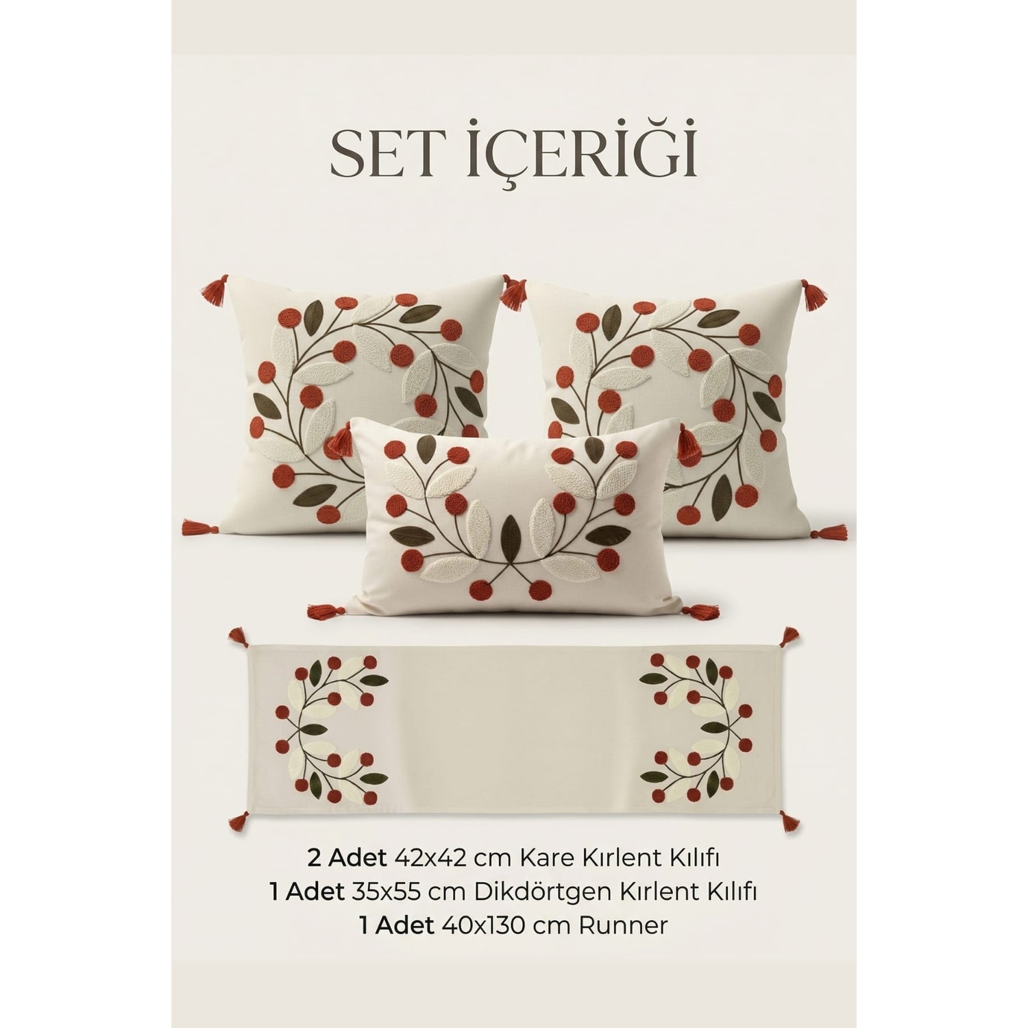 Buldan Natura Papatya 4’lü Punch Nakışlı Dekoratif Kırlent Kılıfı ve Runner Seti – 2 Adet 42×42 cm + 1 Adet 35×55 cm Kırlent Kılıfı + 1 Adet 40×130 cm Runner 1. görsel