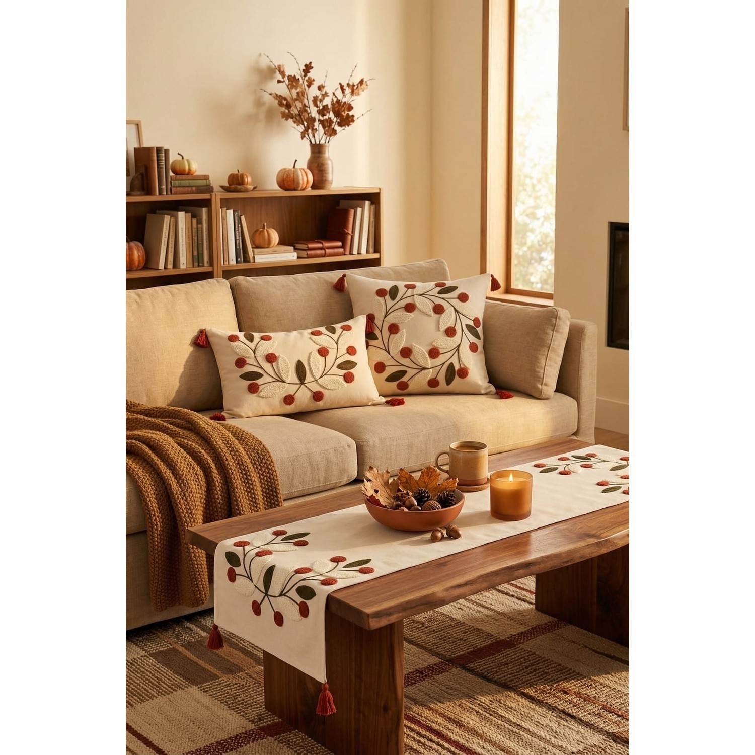 Buldan Natura Papatya 4’lü Punch Nakışlı Dekoratif Kırlent Kılıfı ve Runner Seti – 2 Adet 42×42 cm + 1 Adet 35×55 cm Kırlent Kılıfı + 1 Adet 40×130 cm Runner