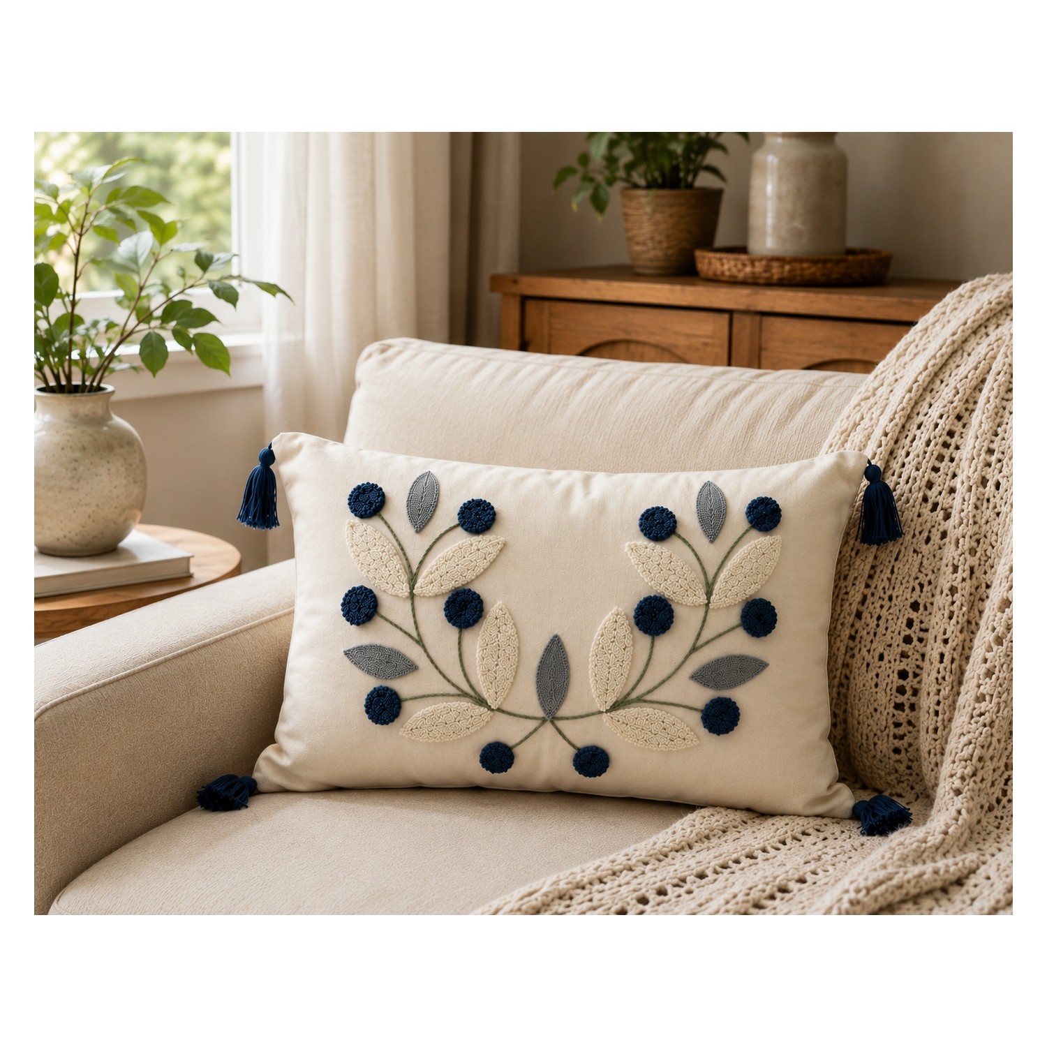 Buldan Natura Papatya Çiçek ve Yaprak Motifli Punch Nakışlı Dekoratif Kırlent Kılıfı 35×55 cm