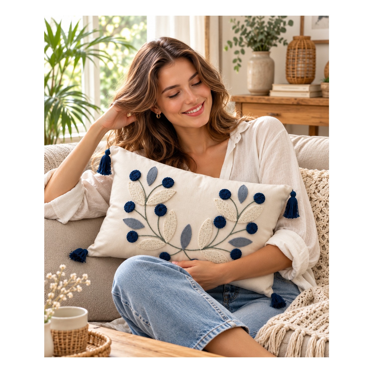 Buldan Natura Papatya Çiçek ve Yaprak Motifli Punch Nakışlı Dekoratif Kırlent Kılıfı 35×55 cm 2. görsel