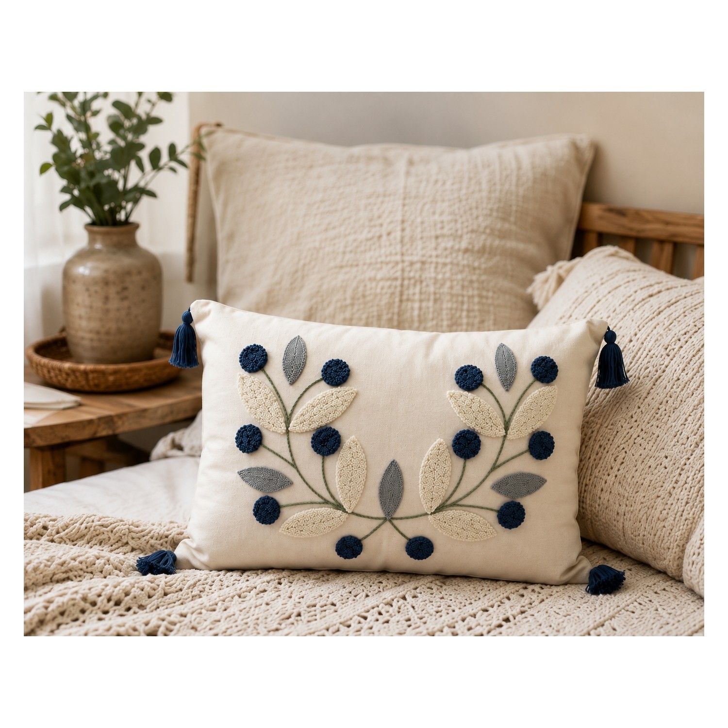 Buldan Natura Papatya Çiçek ve Yaprak Motifli Punch Nakışlı Dekoratif Kırlent Kılıfı 35×55 cm 3. görsel