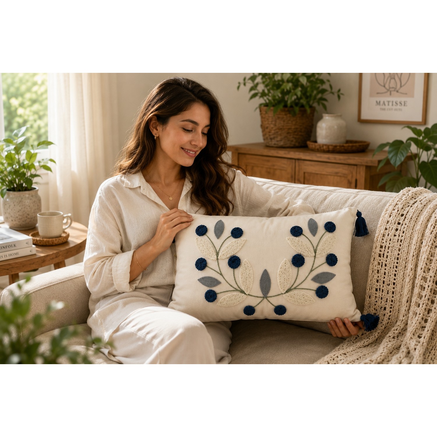 Buldan Natura Papatya Çiçek ve Yaprak Motifli Punch Nakışlı Dekoratif Kırlent Kılıfı 35×55 cm 4. görsel