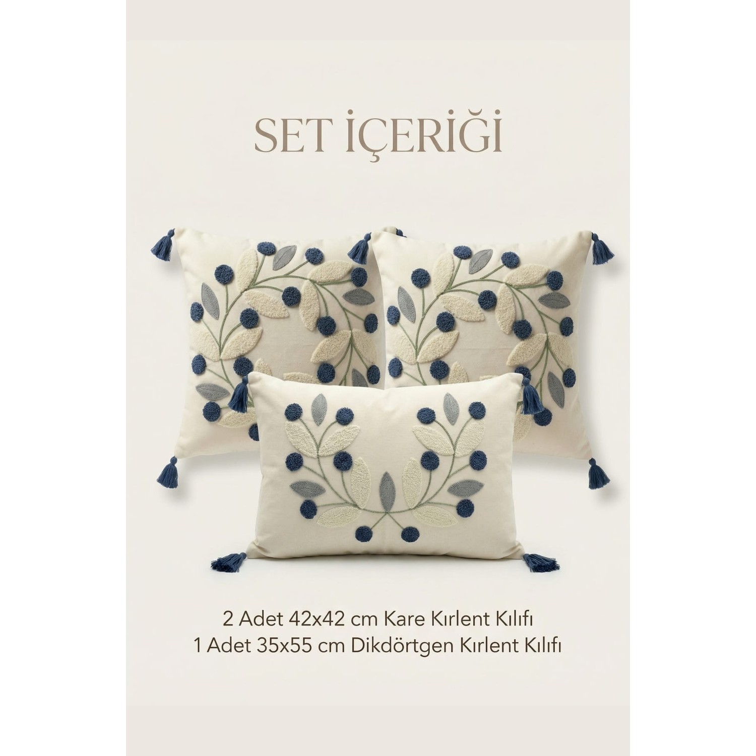 Buldan Natura Papatya 3’lü Punch Nakışlı Dekoratif Kırlent Kılıfı Seti – 2 Adet 42×42 cm Kare + 1 Adet 35×55 cm Dikdörtgen Kırlent Kılıfı 1. görsel