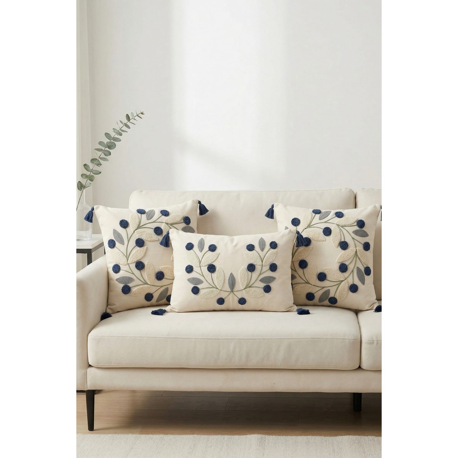 Buldan Natura Papatya 3’lü Punch Nakışlı Dekoratif Kırlent Kılıfı Seti – 2 Adet 42×42 cm Kare + 1 Adet 35×55 cm Dikdörtgen Kırlent Kılıfı