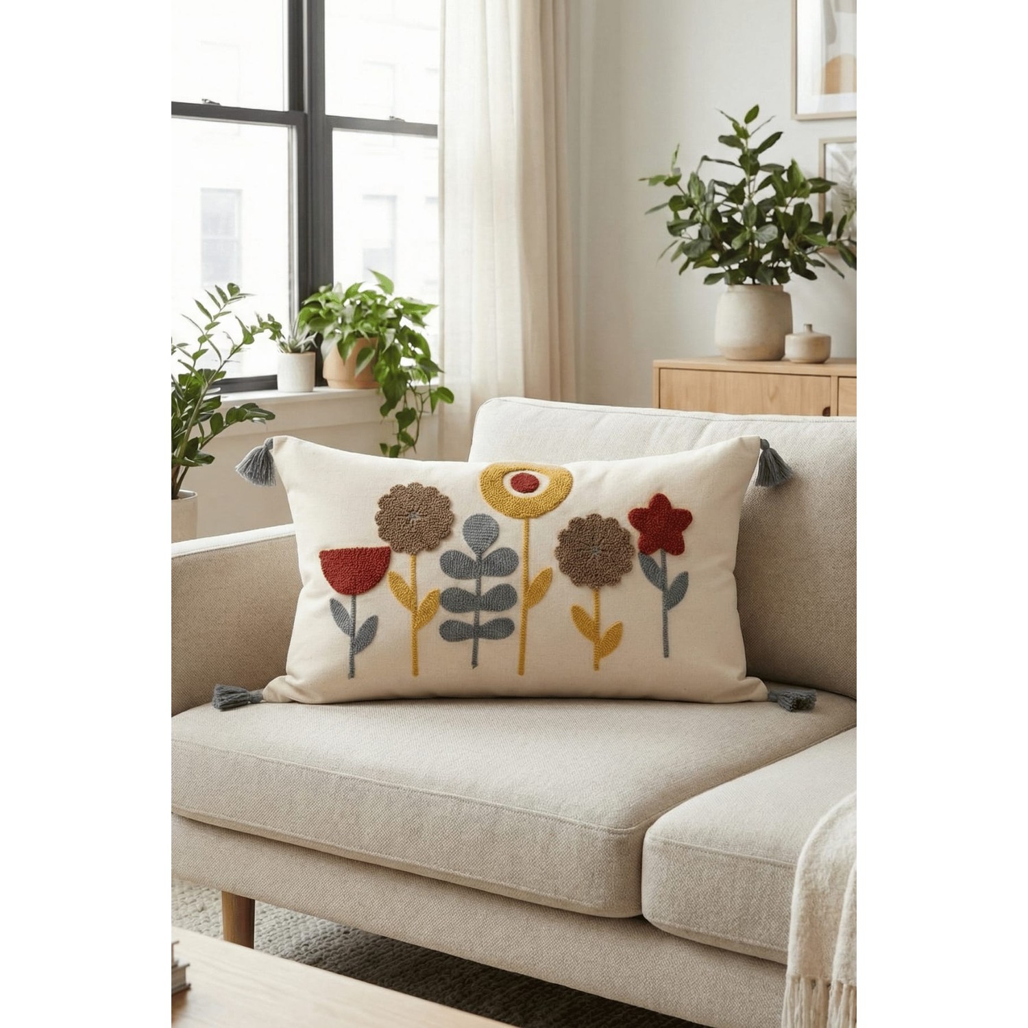 Buldan Natura Yıldız Çiçek Desenli Punch Nakışlı Dekoratif Kırlent Kılıfı 35×55 cm