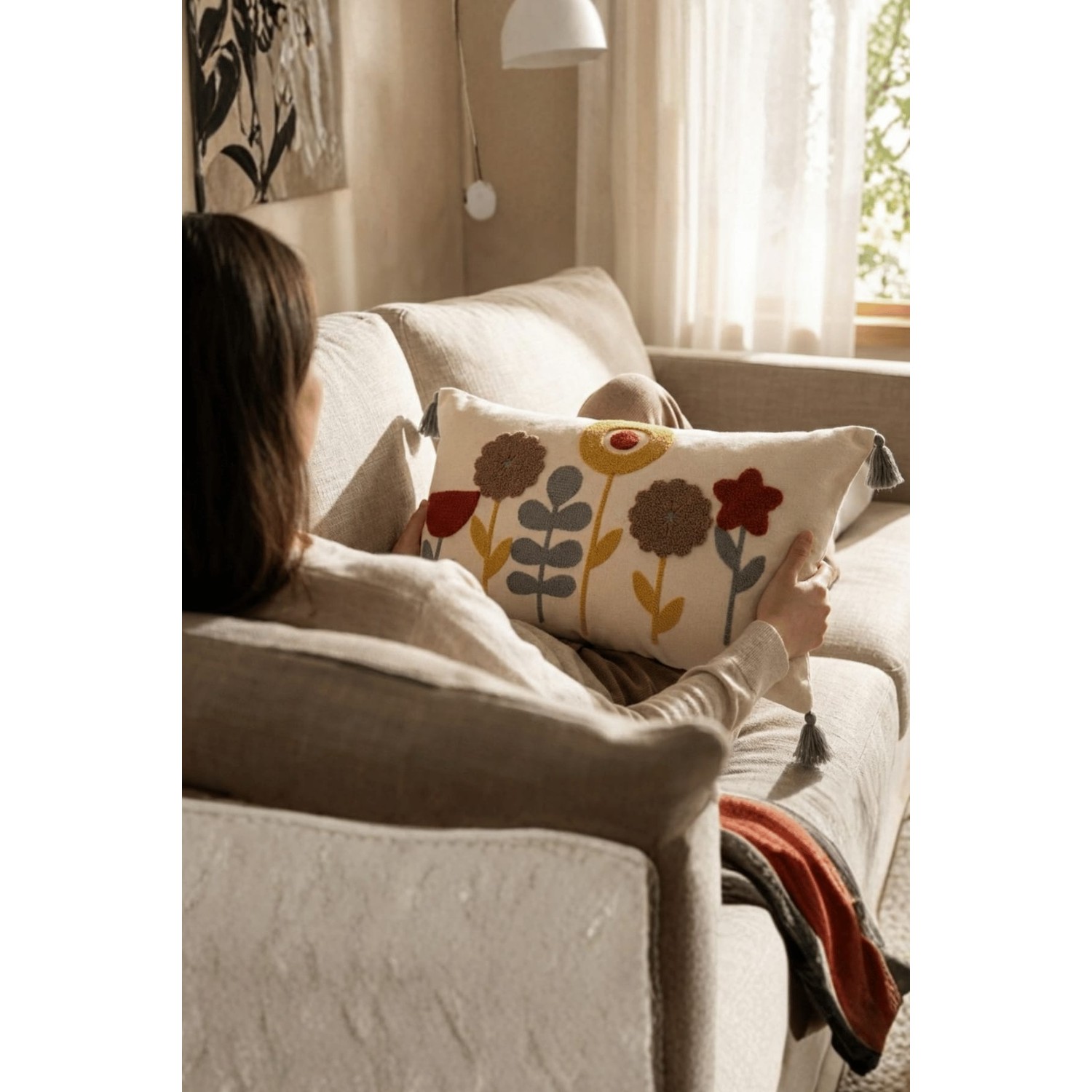 Buldan Natura Yıldız Çiçek Desenli Punch Nakışlı Dekoratif Kırlent Kılıfı 35×55 cm 2. görsel