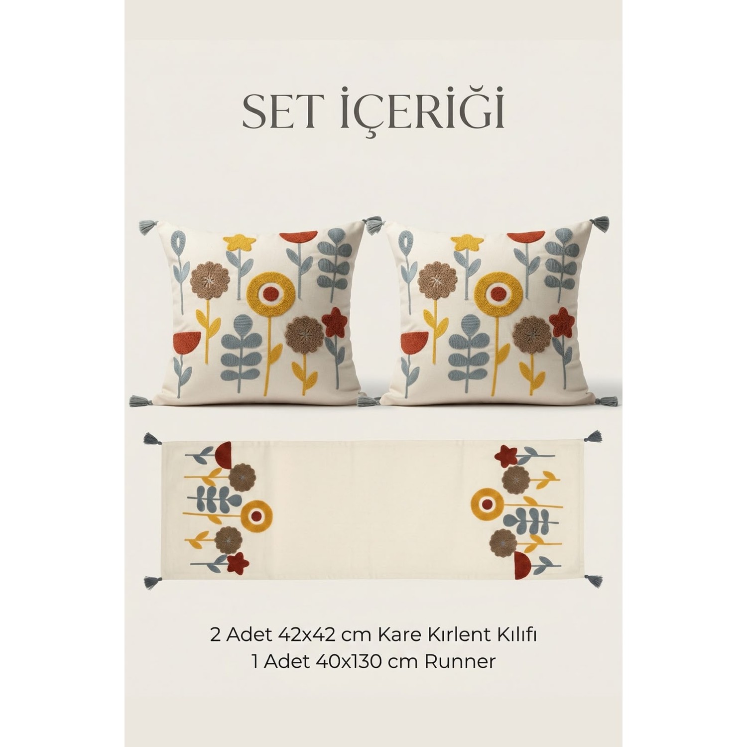 Buldan Natura Yıldız Çiçek Desenli Punch Nakışlı 2 Adet 42×42 cm Kırlent Kılıfı + 40×130 cm Runner 3’lü Set 1. görsel