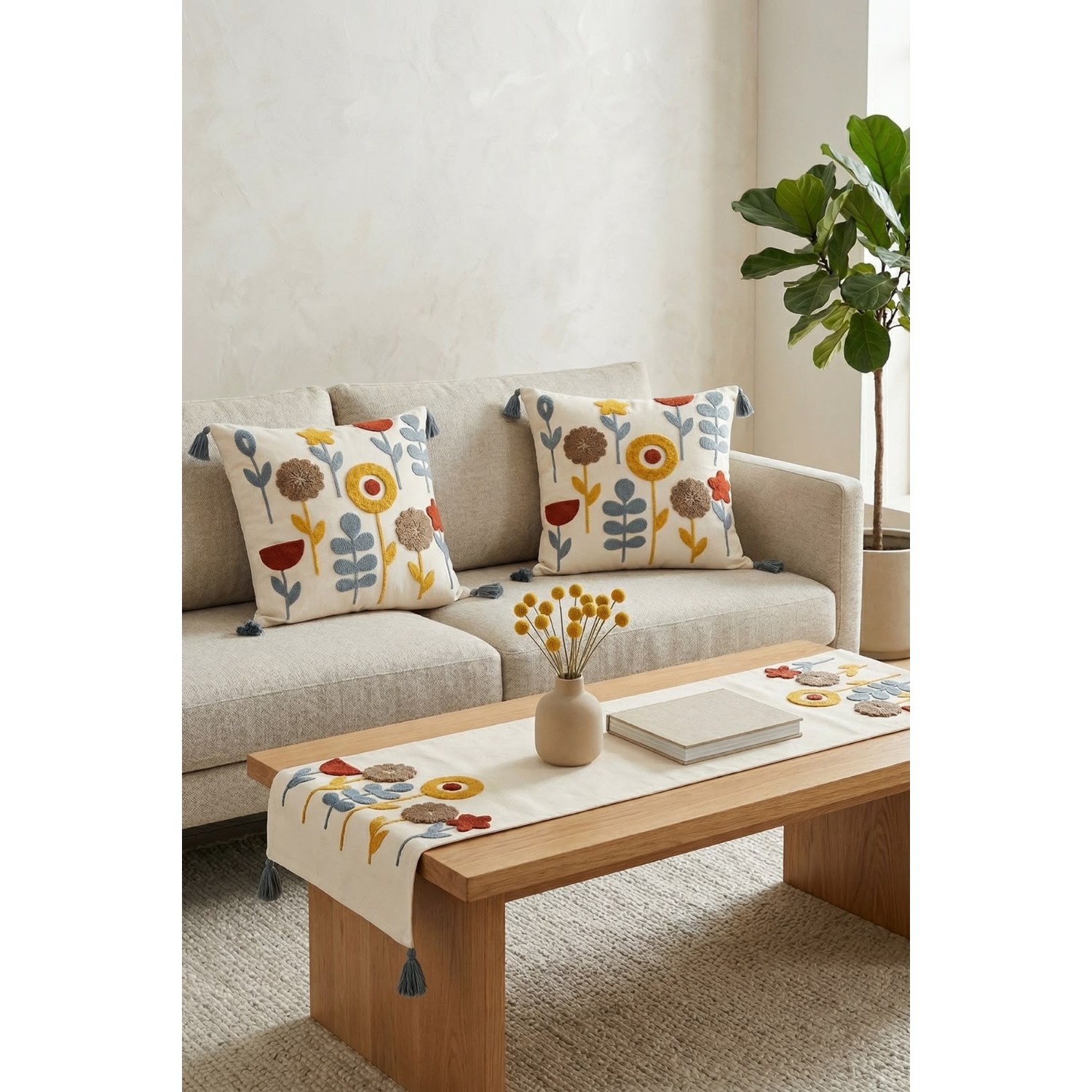 Buldan Natura Yıldız Çiçek Desenli Punch Nakışlı 2 Adet 42×42 cm Kırlent Kılıfı + 40×130 cm Runner 3’lü Set 2. görsel