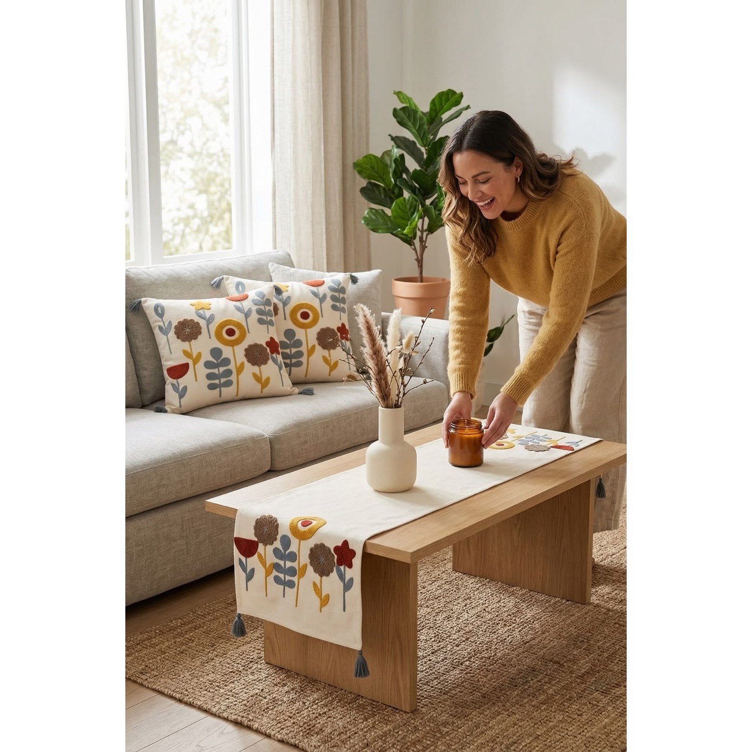 Buldan Natura Yıldız Çiçek Desenli Punch Nakışlı 2 Adet 42×42 cm Kırlent Kılıfı + 40×130 cm Runner 3’lü Set
