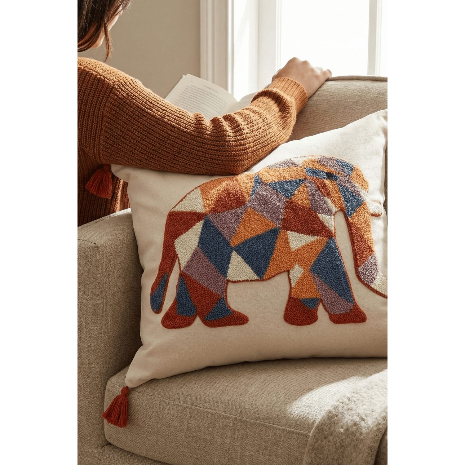 Buldan Natura Fil Geometrik Desenli Punch Nakışlı Dekoratif Kırlent Kılıfı 42×42 cm 🐘 2. görsel