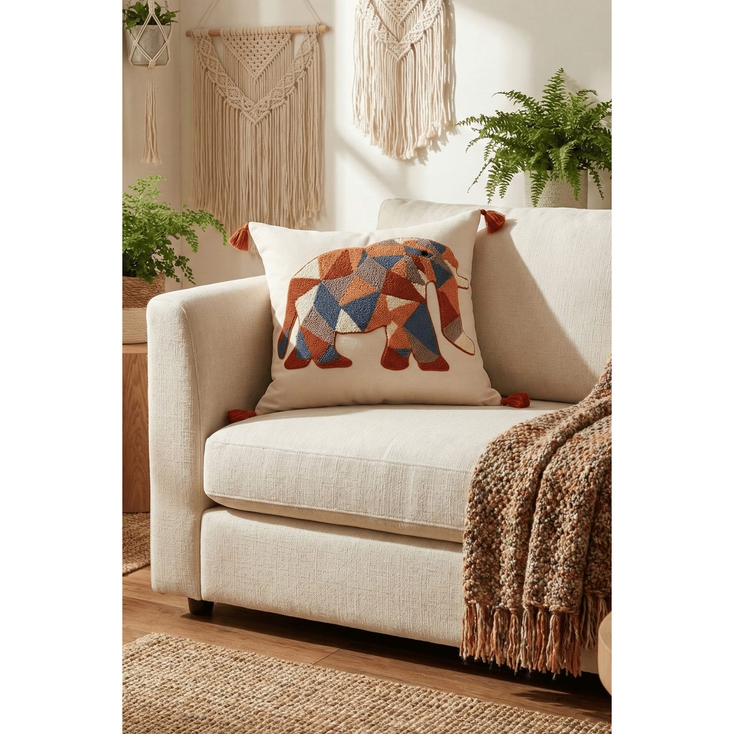 Buldan Natura Fil Geometrik Desenli Punch Nakışlı Dekoratif Kırlent Kılıfı 42×42 cm 🐘 3. görsel