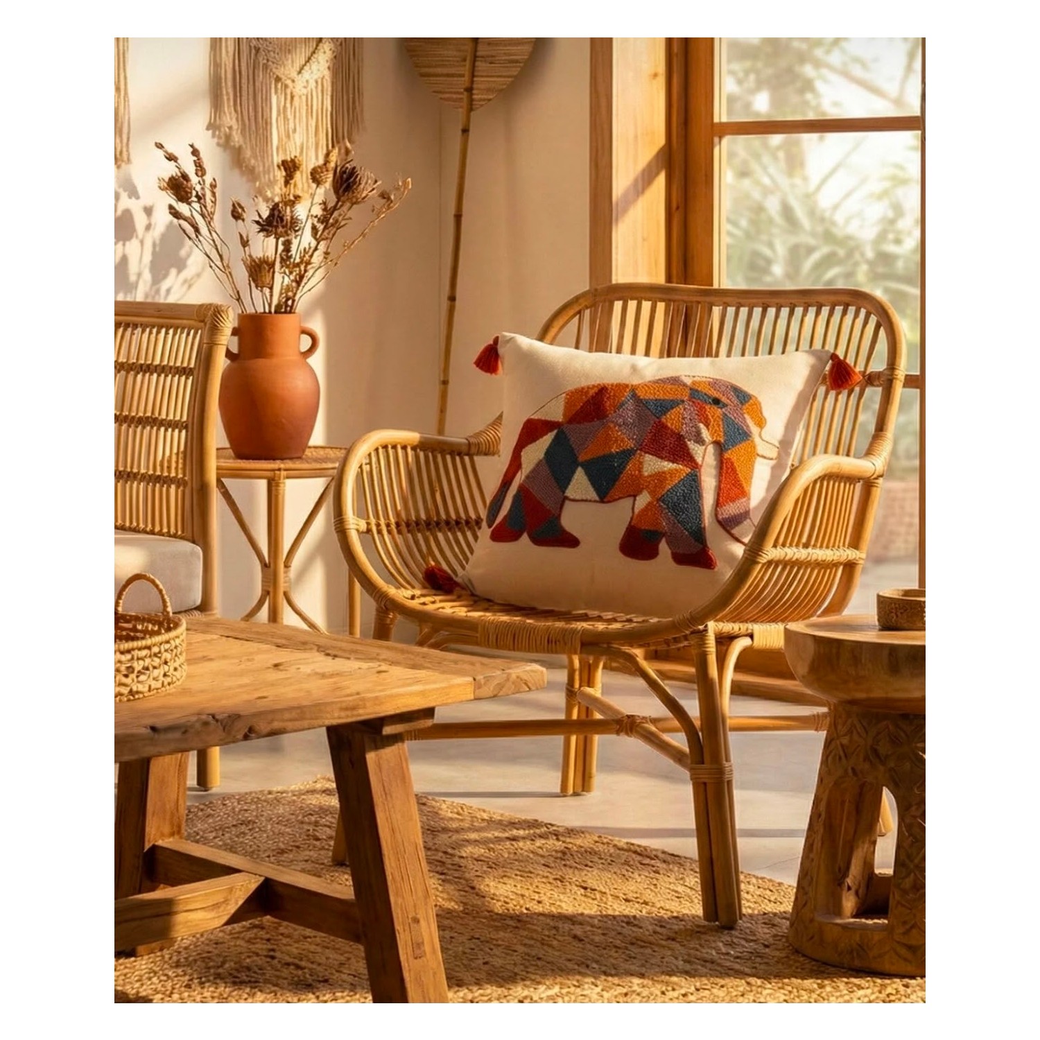 Buldan Natura Fil Geometrik Desenli Punch Nakışlı Dekoratif Kırlent Kılıfı 42×42 cm 🐘 4. görsel