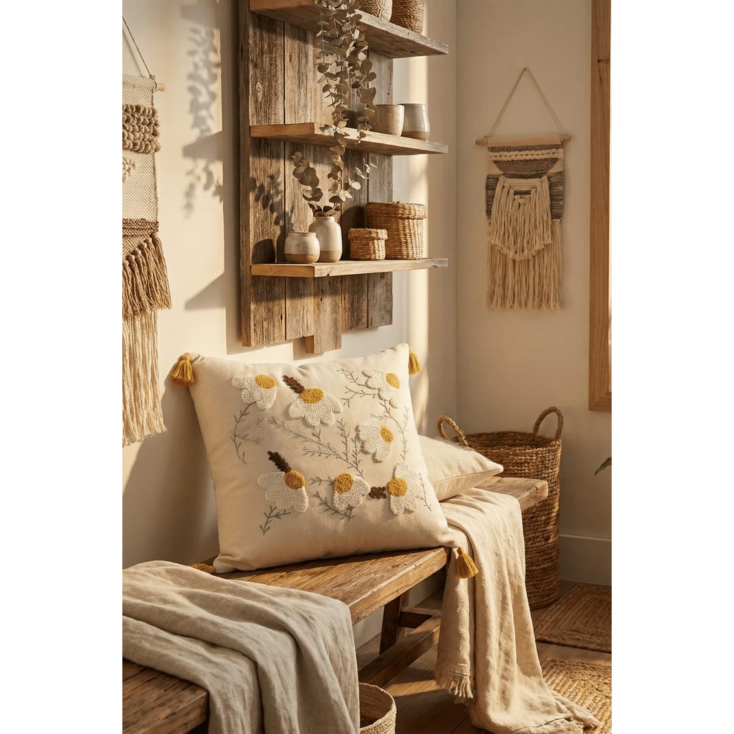 Buldan Natura Sarı Bahçe Çiçek Desenli Punch Nakışlı Dekoratif Kırlent Kılıfı 42×42 cm 2. görsel