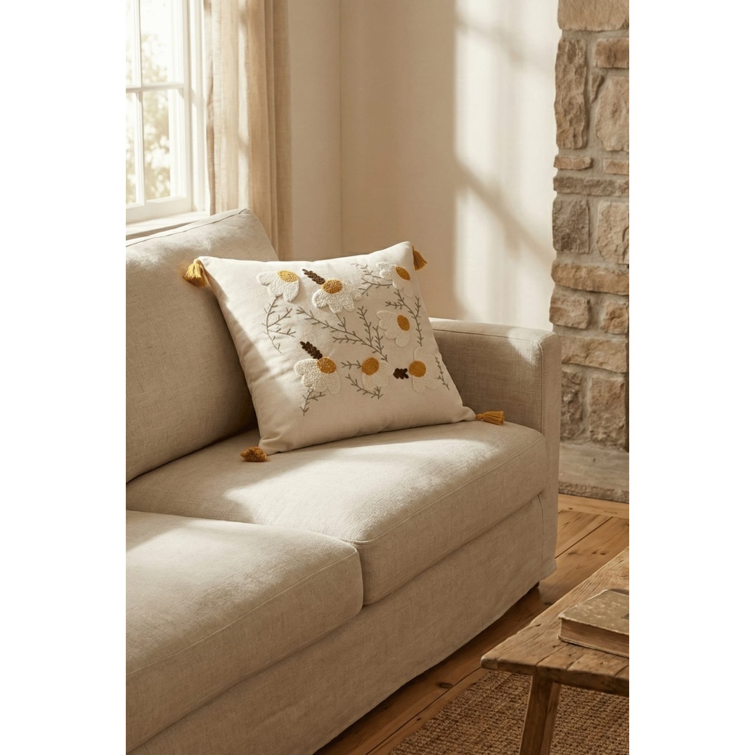 Buldan Natura Sarı Bahçe Çiçek Desenli Punch Nakışlı Dekoratif Kırlent Kılıfı 42×42 cm 4. görsel