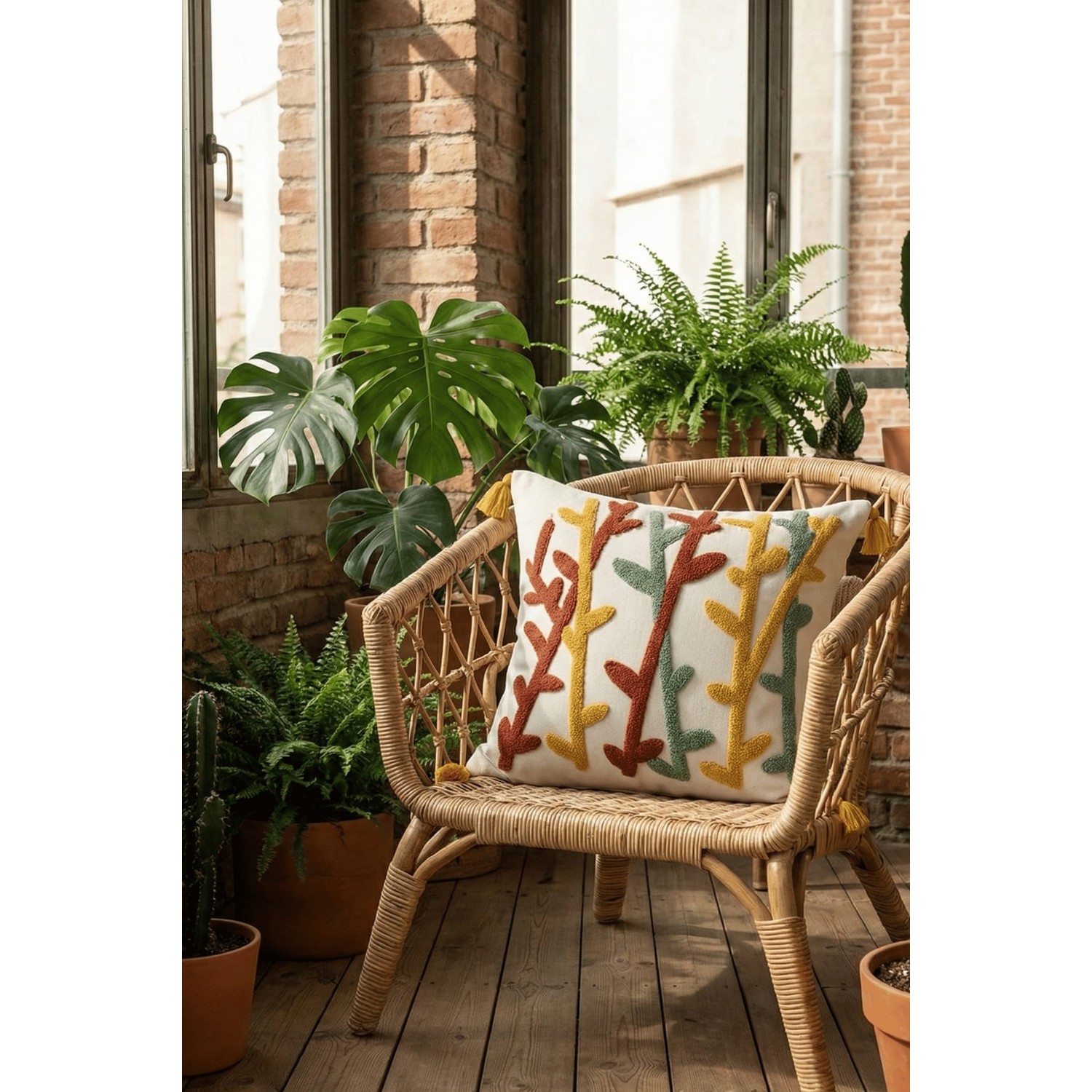 Buldan Natura Bambu Dal Desenli Punch Nakışlı Dekoratif Kırlent Kılıfı 42×42 cm