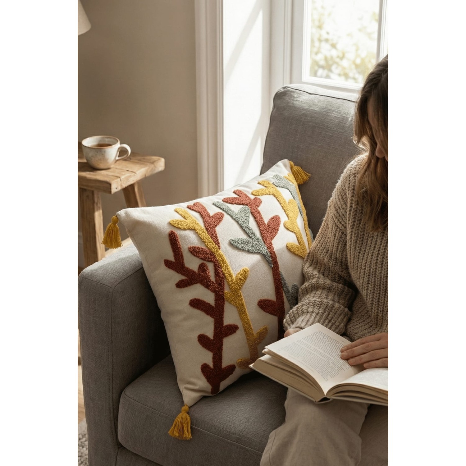 Buldan Natura Bambu Dal Desenli Punch Nakışlı Dekoratif Kırlent Kılıfı 42×42 cm 2. görsel