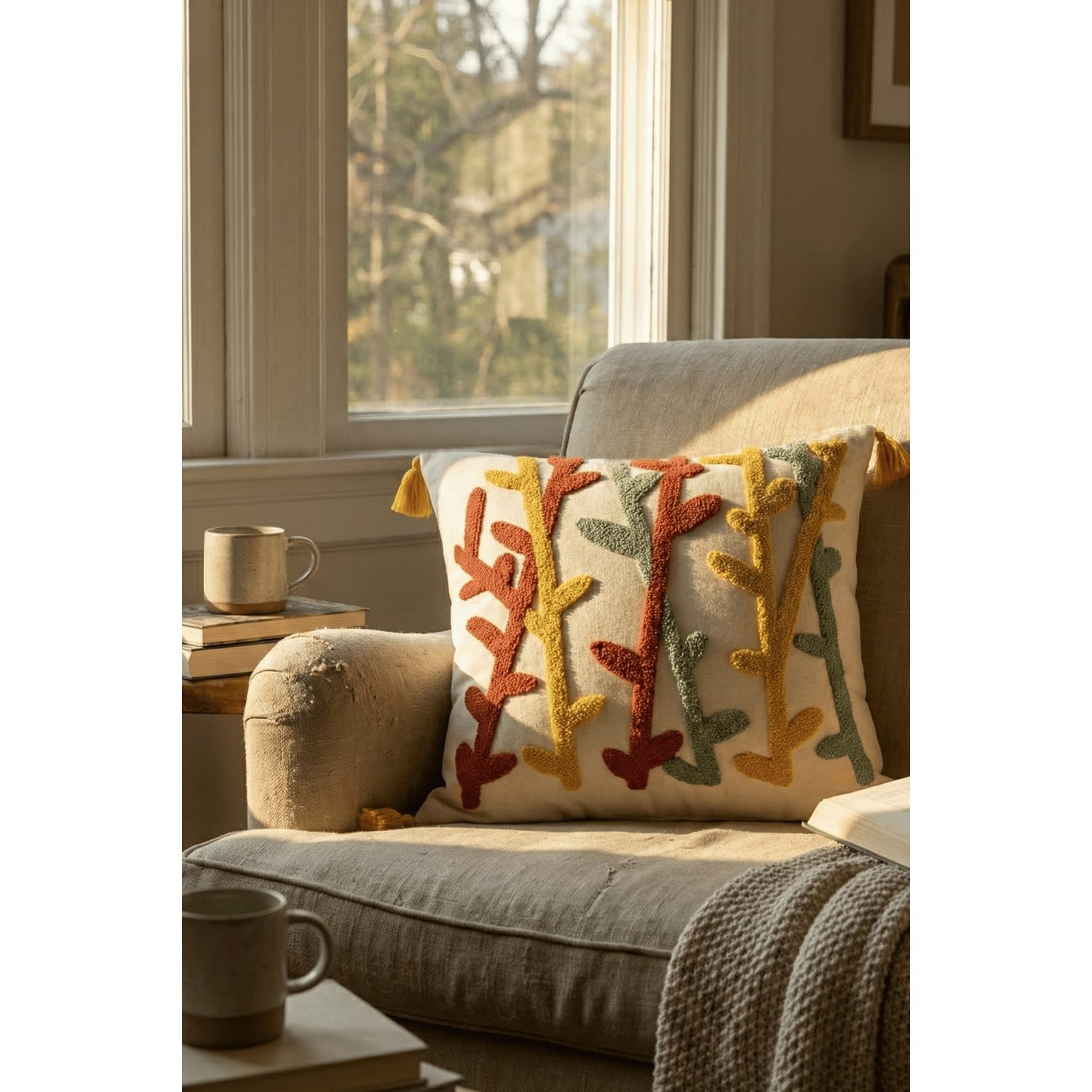 Buldan Natura Bambu Dal Desenli Punch Nakışlı Dekoratif Kırlent Kılıfı 42×42 cm 3. görsel