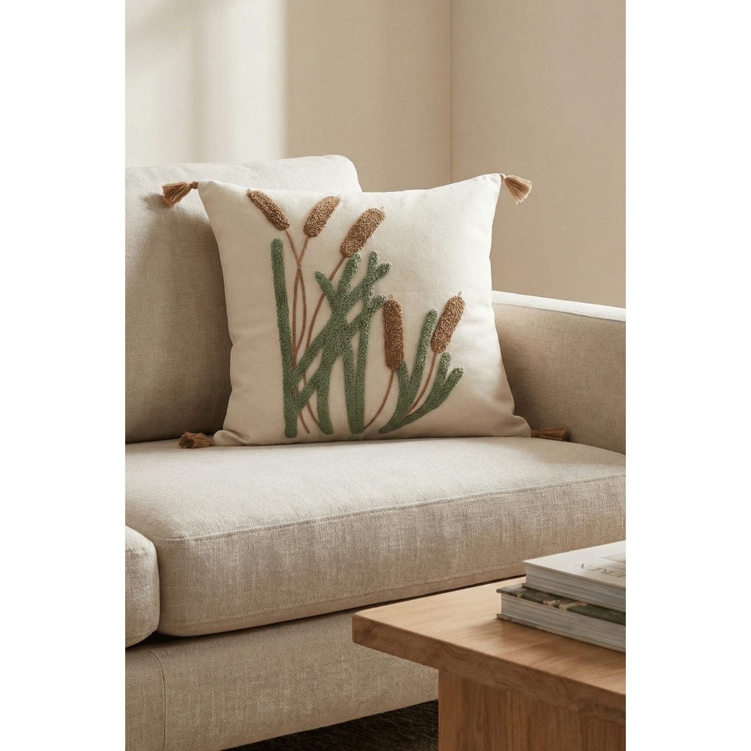 Buldan Natura Saz Doğa Desenli Punch Nakışlı Dekoratif Kırlent Kılıfı 42×42 cm 3. görsel