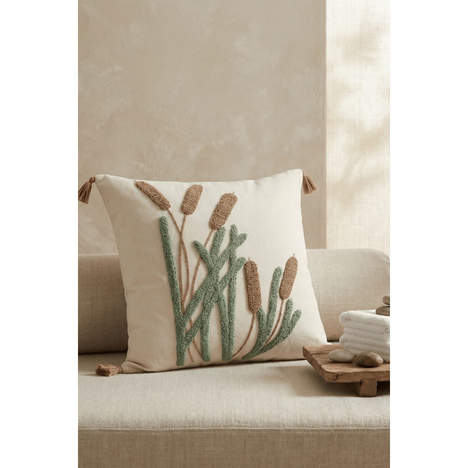 Buldan Natura Saz Doğa Desenli Punch Nakışlı Dekoratif Kırlent Kılıfı 42×42 cm 4. görsel