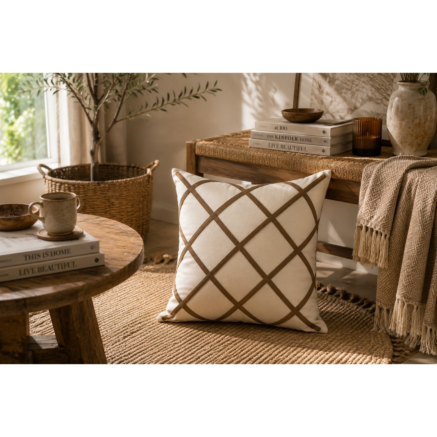 Buldan Natura Soho Ekose Punch Nakışlı Pamuk Dokuma Dekoratif Kırlent Kılıfı 42×42 cm