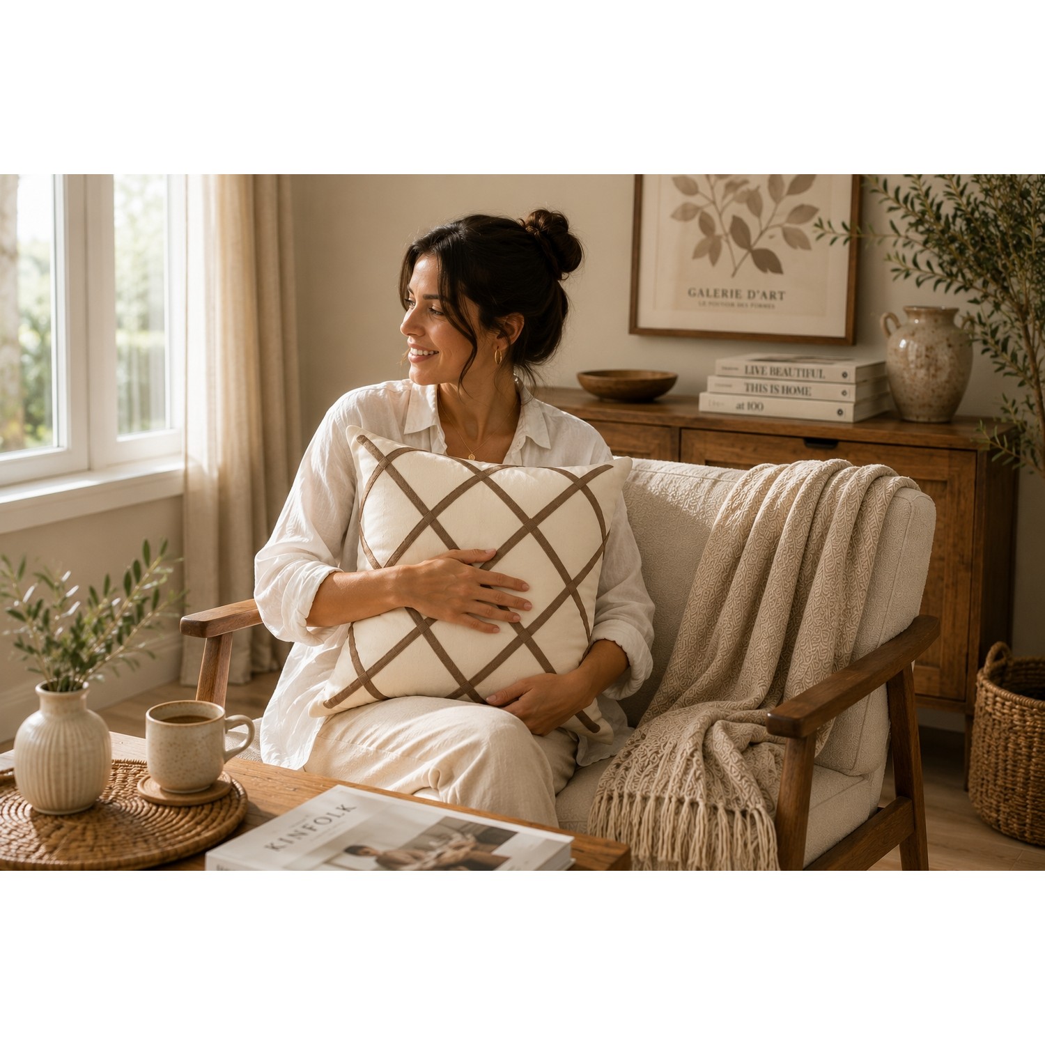 Buldan Natura Soho Ekose Punch Nakışlı Pamuk Dokuma Dekoratif Kırlent Kılıfı 42×42 cm 2. görsel