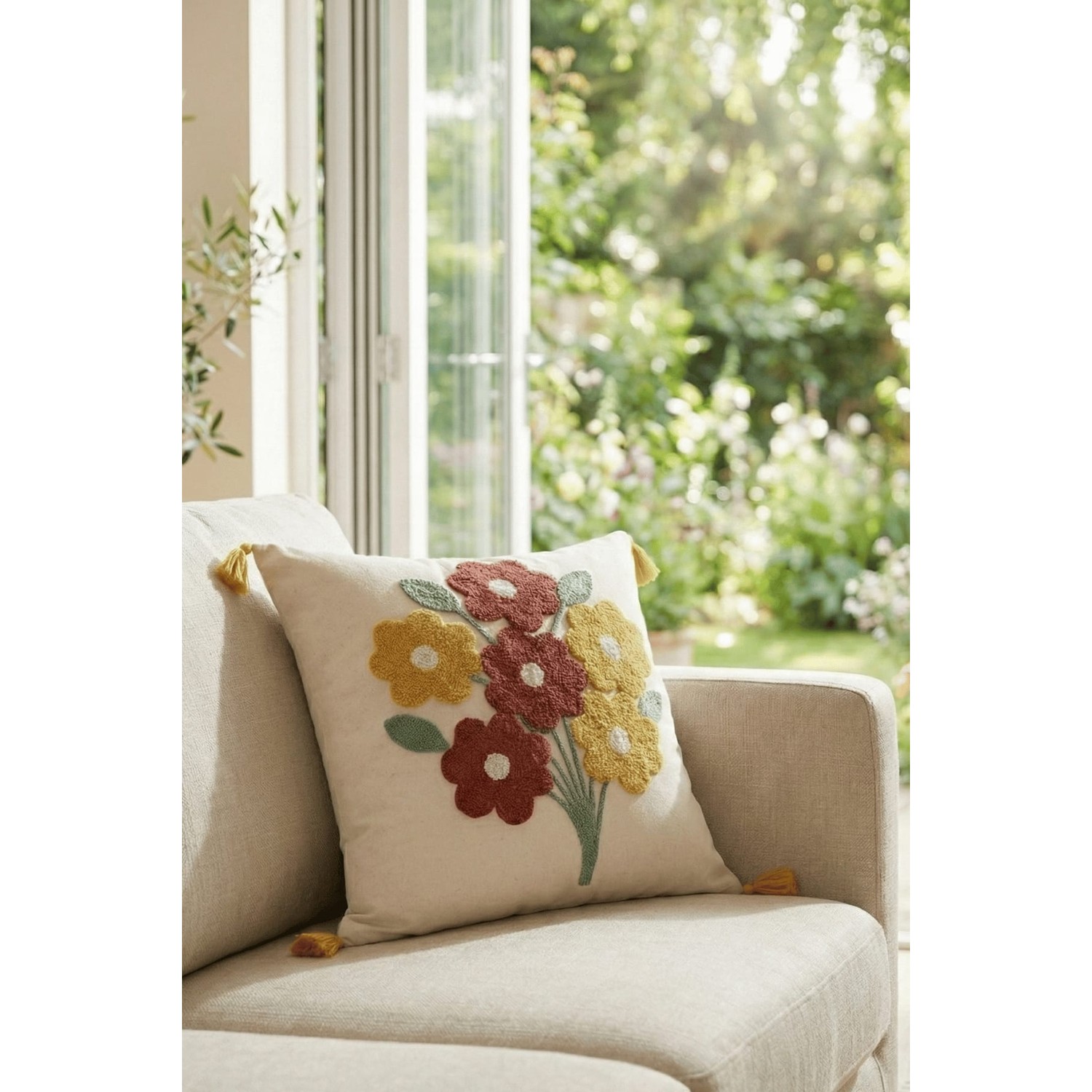 Buldan Natura Demet Çiçek Desenli Punch Nakışlı Püsküllü Dekoratif Kırlent Kılıfı 43×43 cm