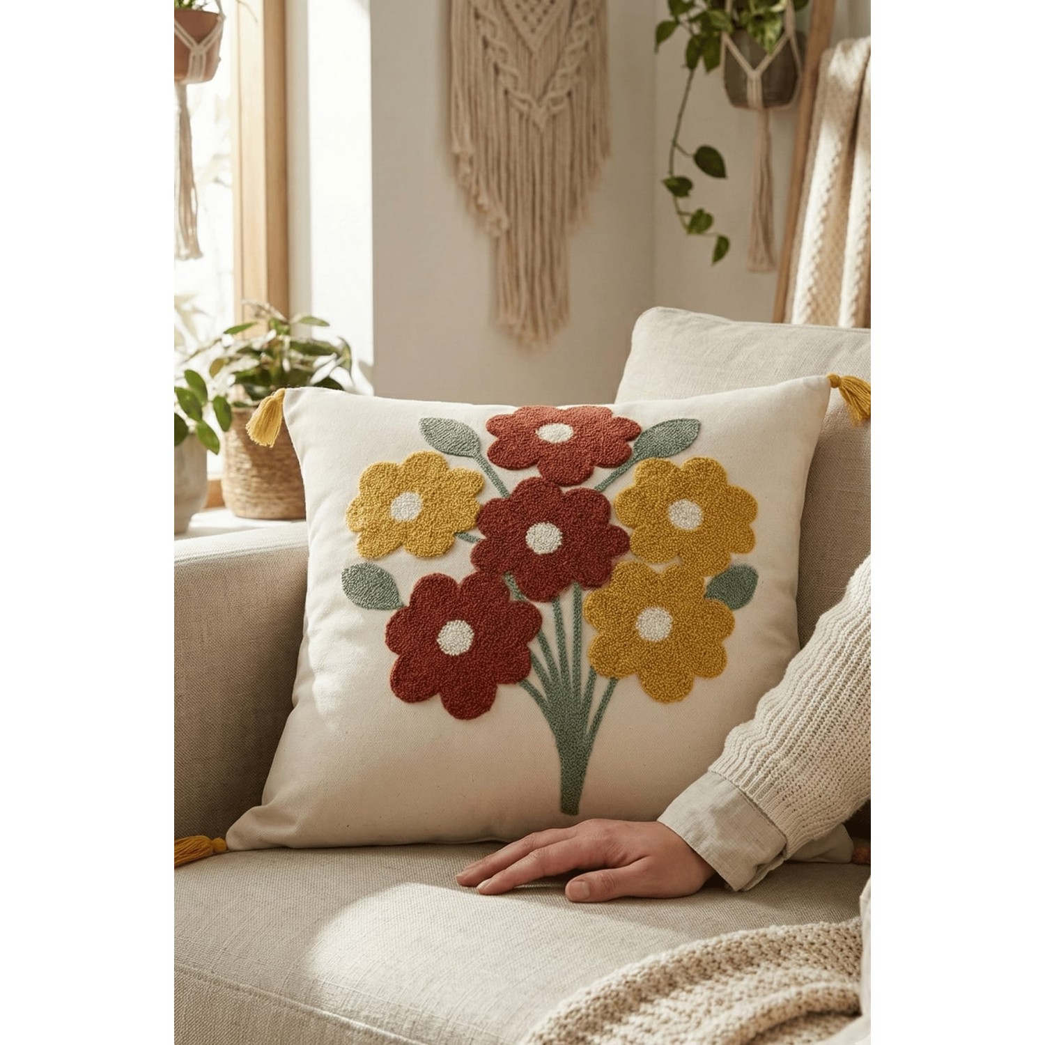 Buldan Natura Demet Çiçek Desenli Punch Nakışlı Püsküllü Dekoratif Kırlent Kılıfı 43×43 cm 2. görsel
