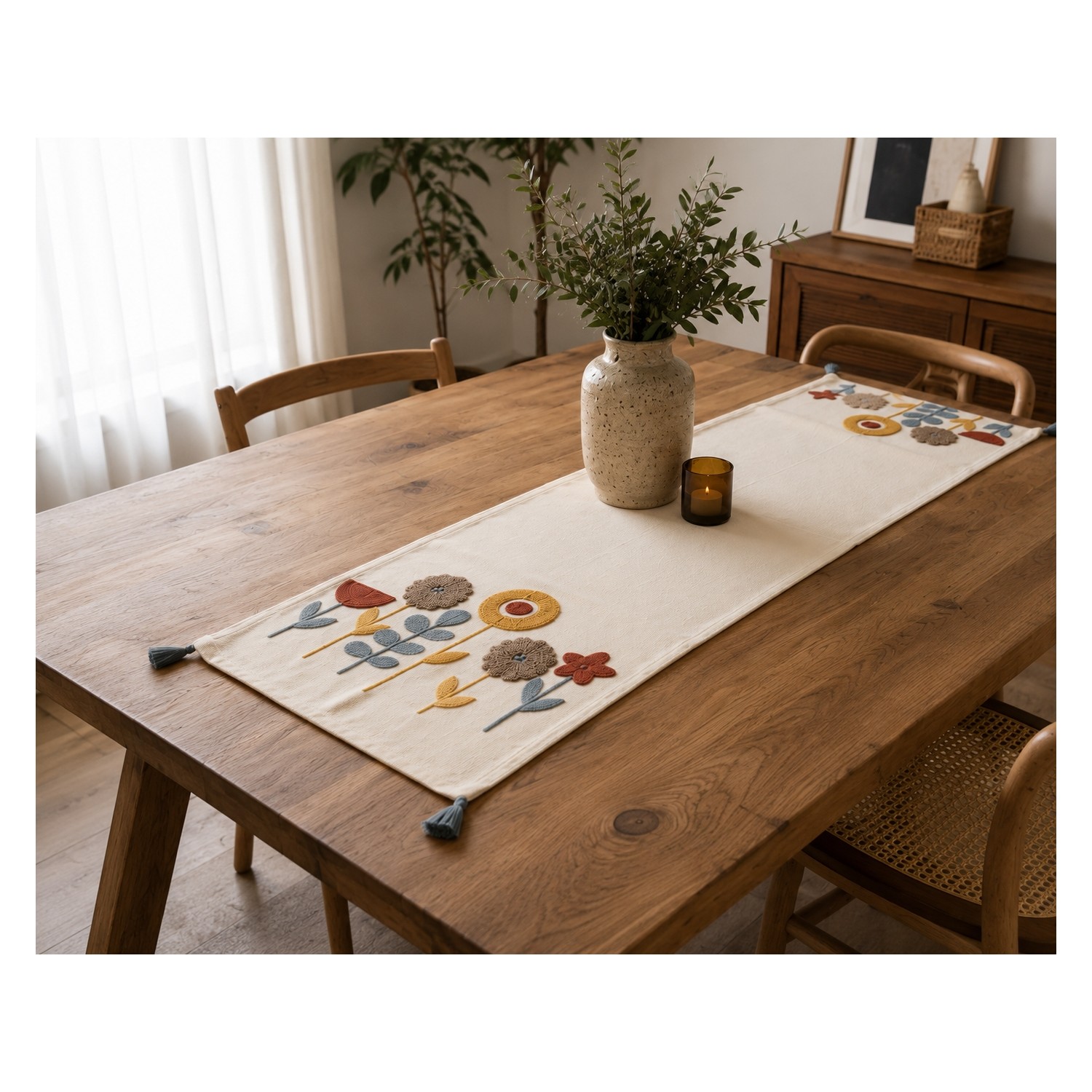 Buldan Natura Yıldız Çiçek Desenli Punch Nakışlı Dekoratif Runner 40×130 cm