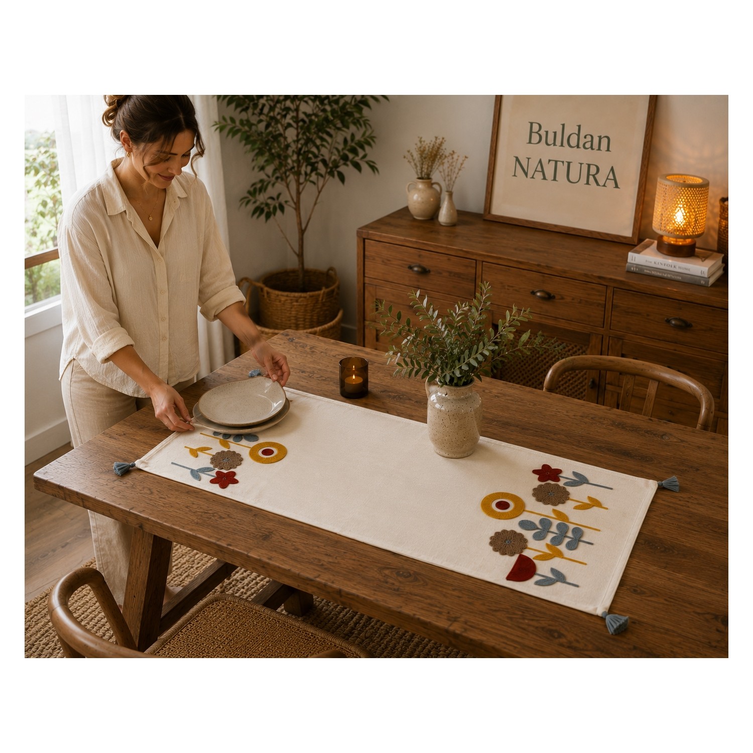 Buldan Natura Yıldız Çiçek Desenli Punch Nakışlı Dekoratif Runner 40×130 cm 2. görsel
