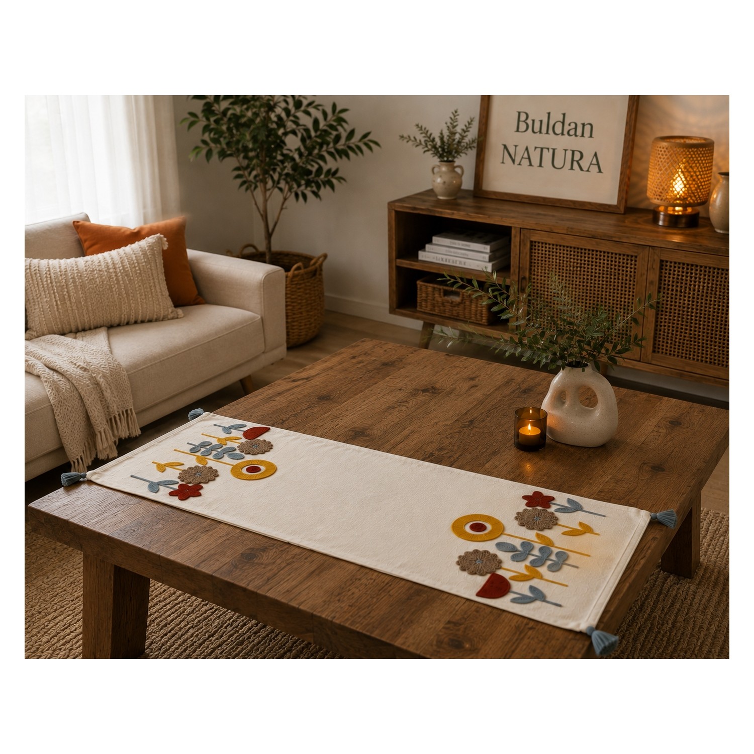 Buldan Natura Yıldız Çiçek Desenli Punch Nakışlı Dekoratif Runner 40×130 cm 3. görsel