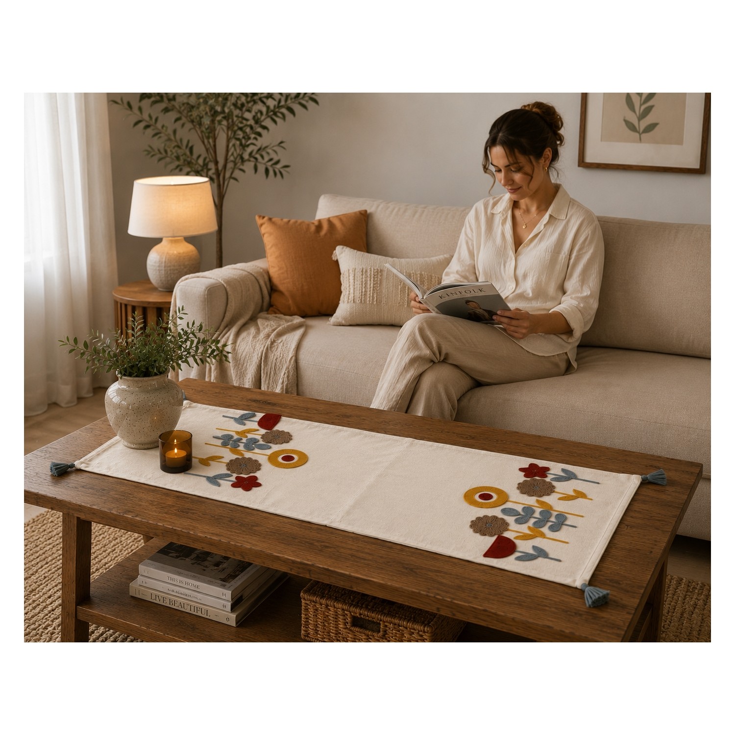 Buldan Natura Yıldız Çiçek Desenli Punch Nakışlı Dekoratif Runner 40×130 cm 4. görsel