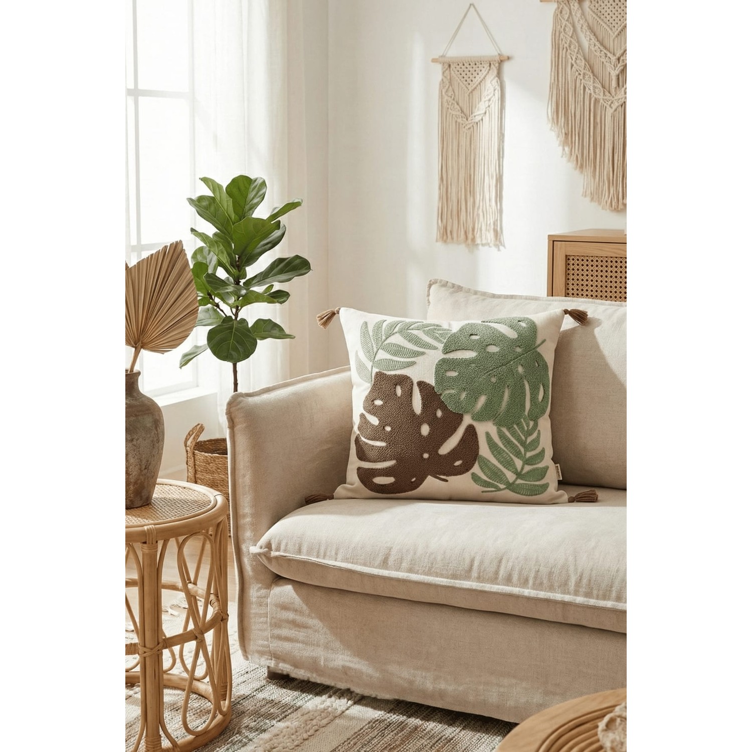 Buldan Natura Deve Tabanı Desenli Punch Nakışlı Dekoratif Kırlent Kılıfı 43×43 cm 3. görsel