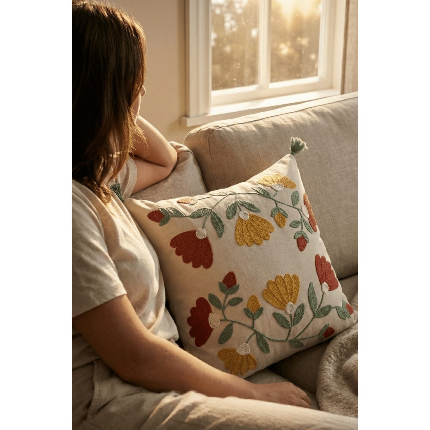 Buldan Natura Karanfil Çiçek Desenli Punch Nakışlı Dekoratif Kırlent Kılıfı 43×43 cm 2. görsel
