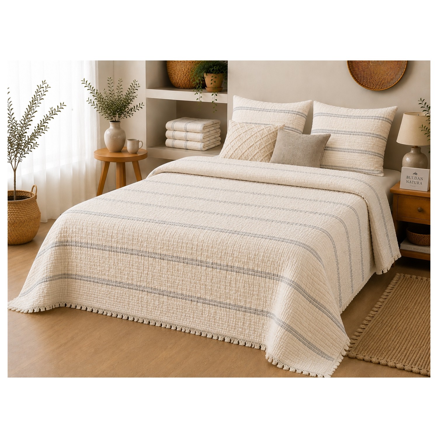 Buldan Natura 8 Kat Müslin Yorgan 240×260 cm – %100 Pamuk, Saçaklı Çift Kişilik Yatak Örtüsü 2. görsel