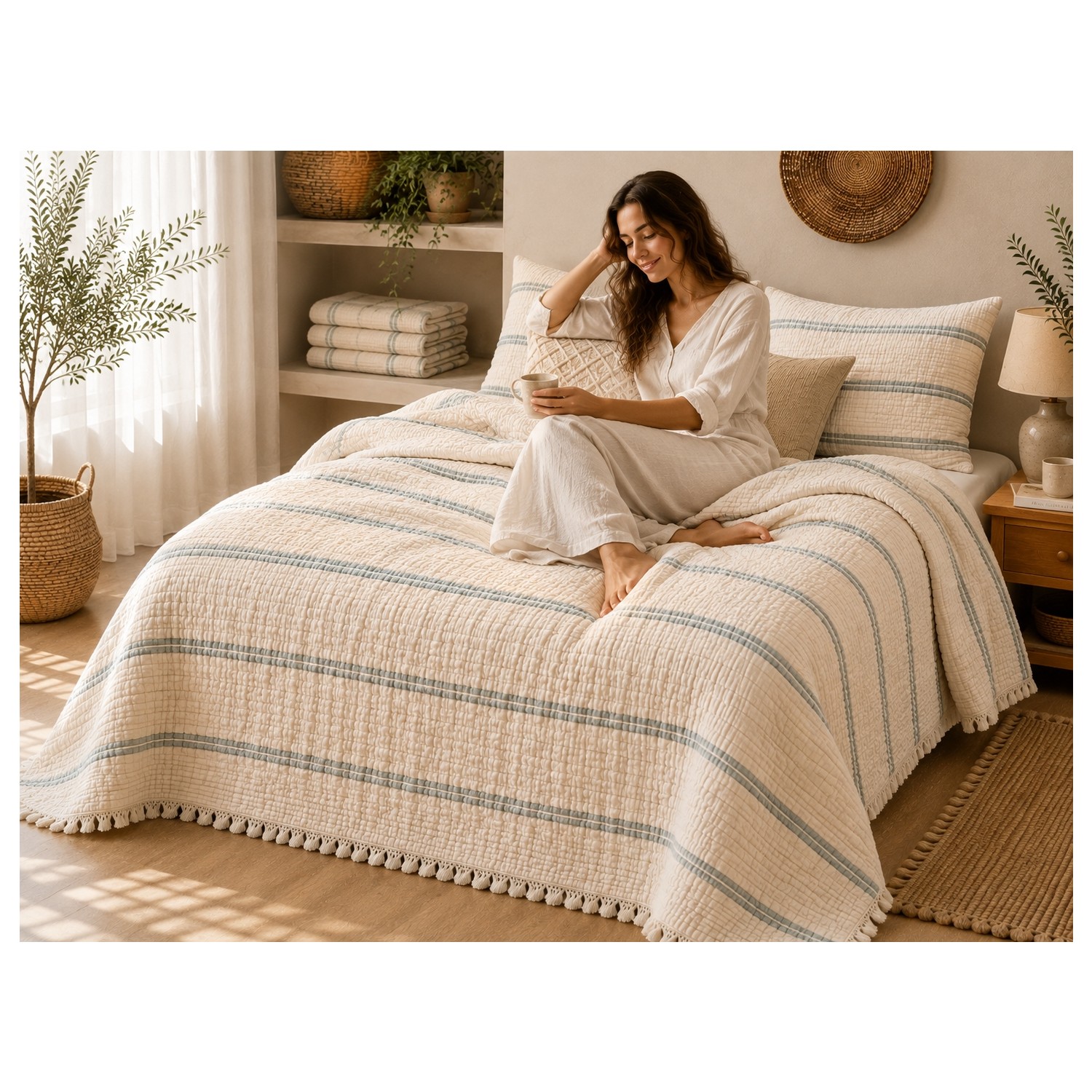 Buldan Natura 8 Kat Müslin Yorgan 240×260 cm – %100 Pamuk, Saçaklı Çift Kişilik Yatak Örtüsü 3. görsel