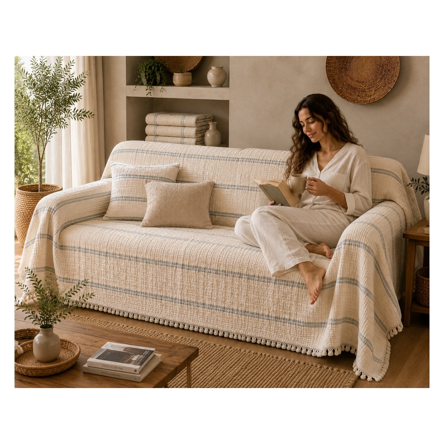 Buldan Natura 8 Kat Müslin Yorgan 240×260 cm – %100 Pamuk, Saçaklı Çift Kişilik Yatak Örtüsü 4. görsel