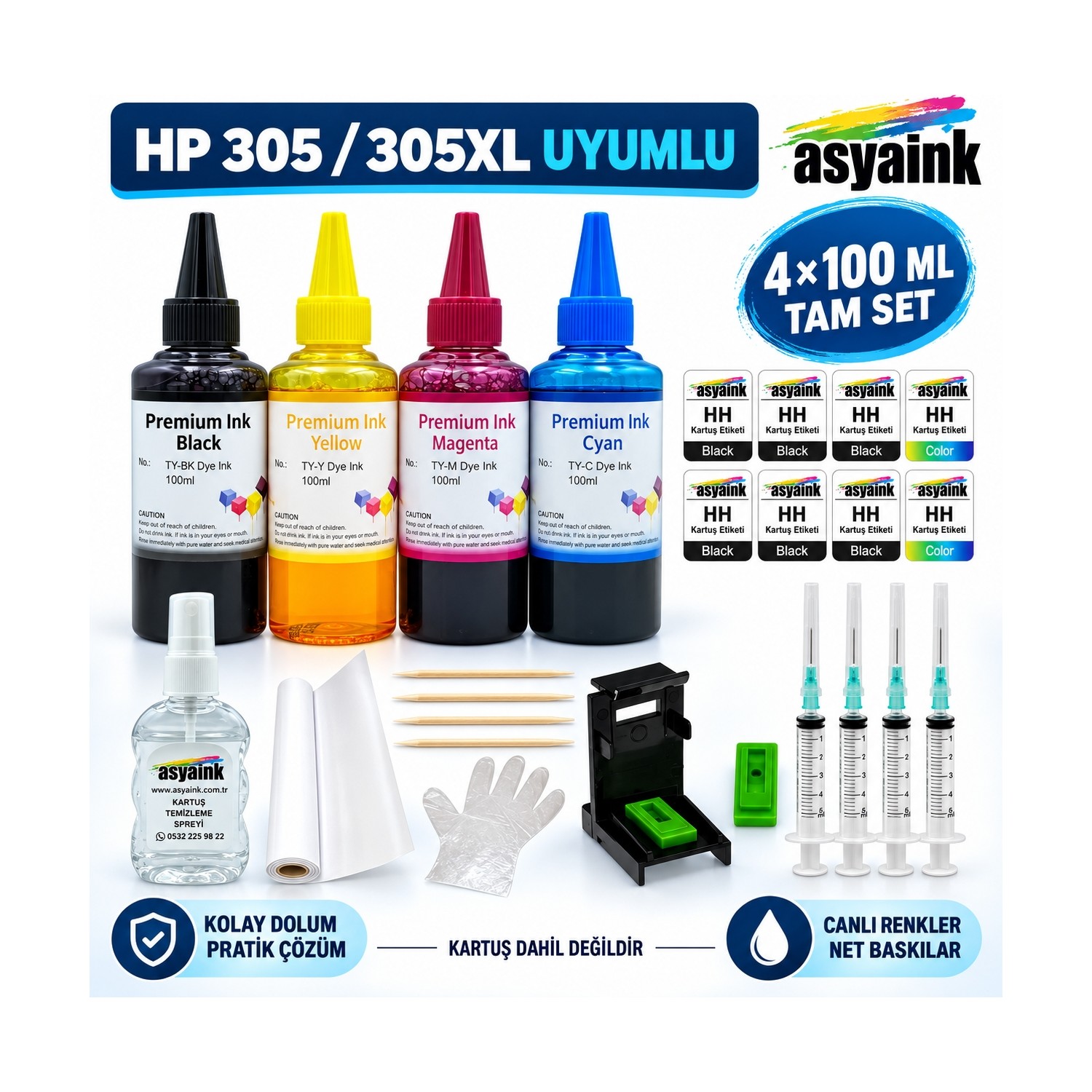 Asyaink HP DeskJet 2855e 305 / 305XL Uyumlu Kartuş Dolum Seti 4x100 ml