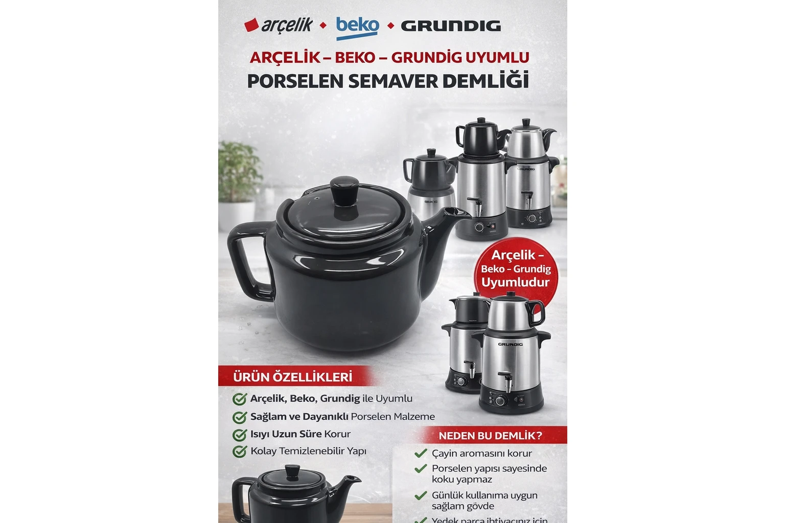 Resim Arçelik K 3285 Pı Semaver Çay Makinesi Porselen Demlik 