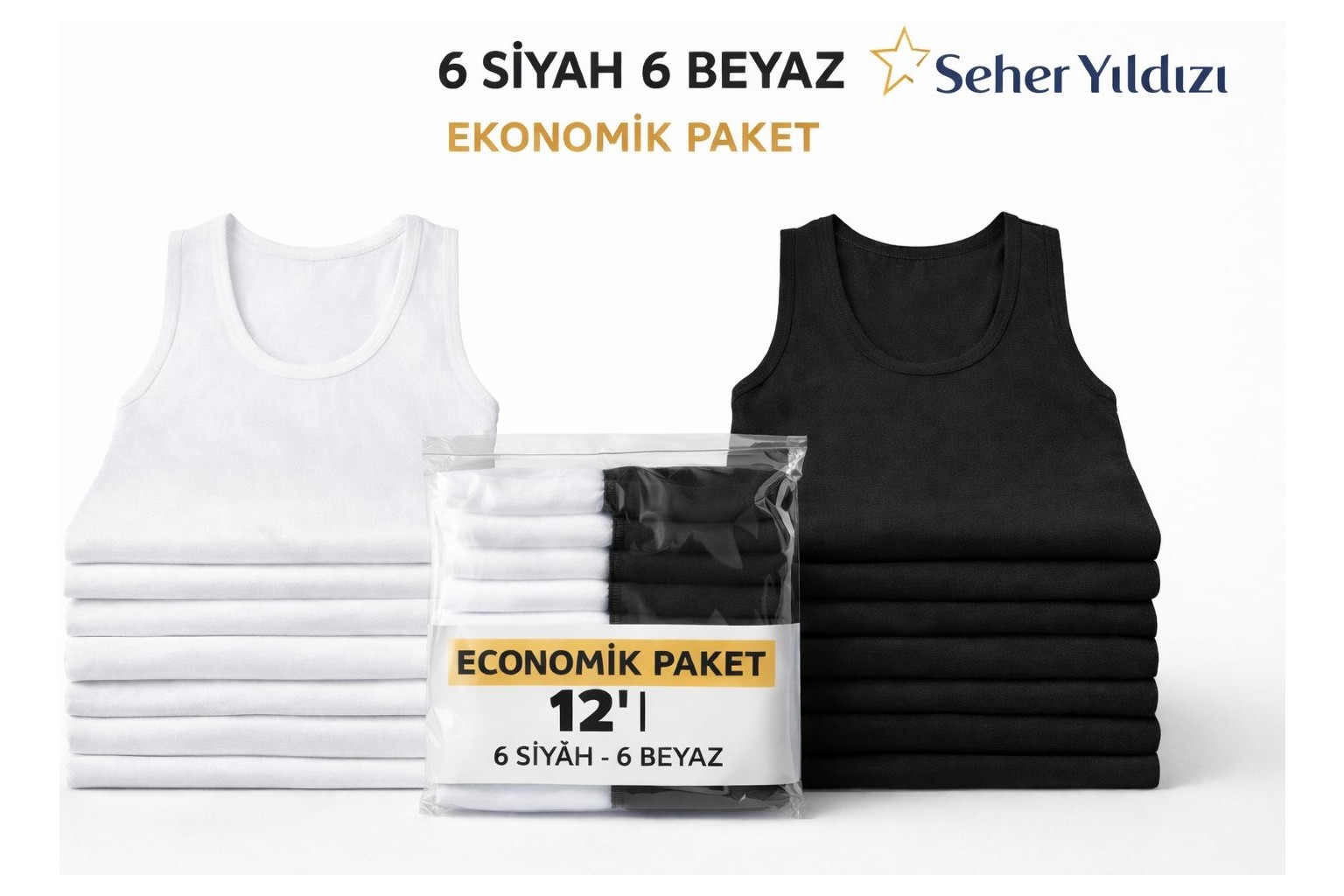 Seher Yıldızı 12'li Paket Seher Yıldızı %100 Pamuk Klasik Penye Erkek Atlet görsel 2