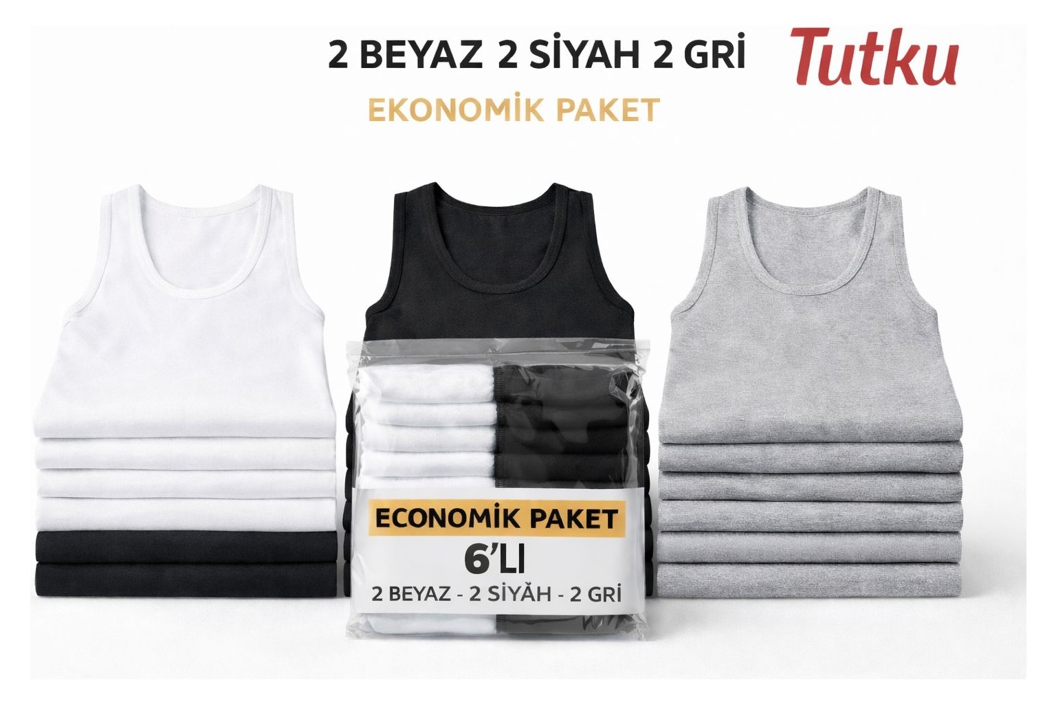 Tutku 6 Adet Erkek Penye Atlet Beyaz 0101 %100 Coton Rahat Kesim ve Nefes Alabilir Özellik görsel 5