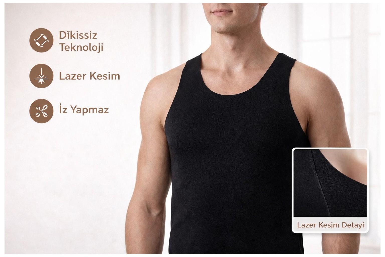 Qulat Berrak Erkek Lazer Kesim Görünmez Dikişsiz Atlet %85 Pamuk %15 Elastan, Slim Fit Iz Yapmaz görsel 3
