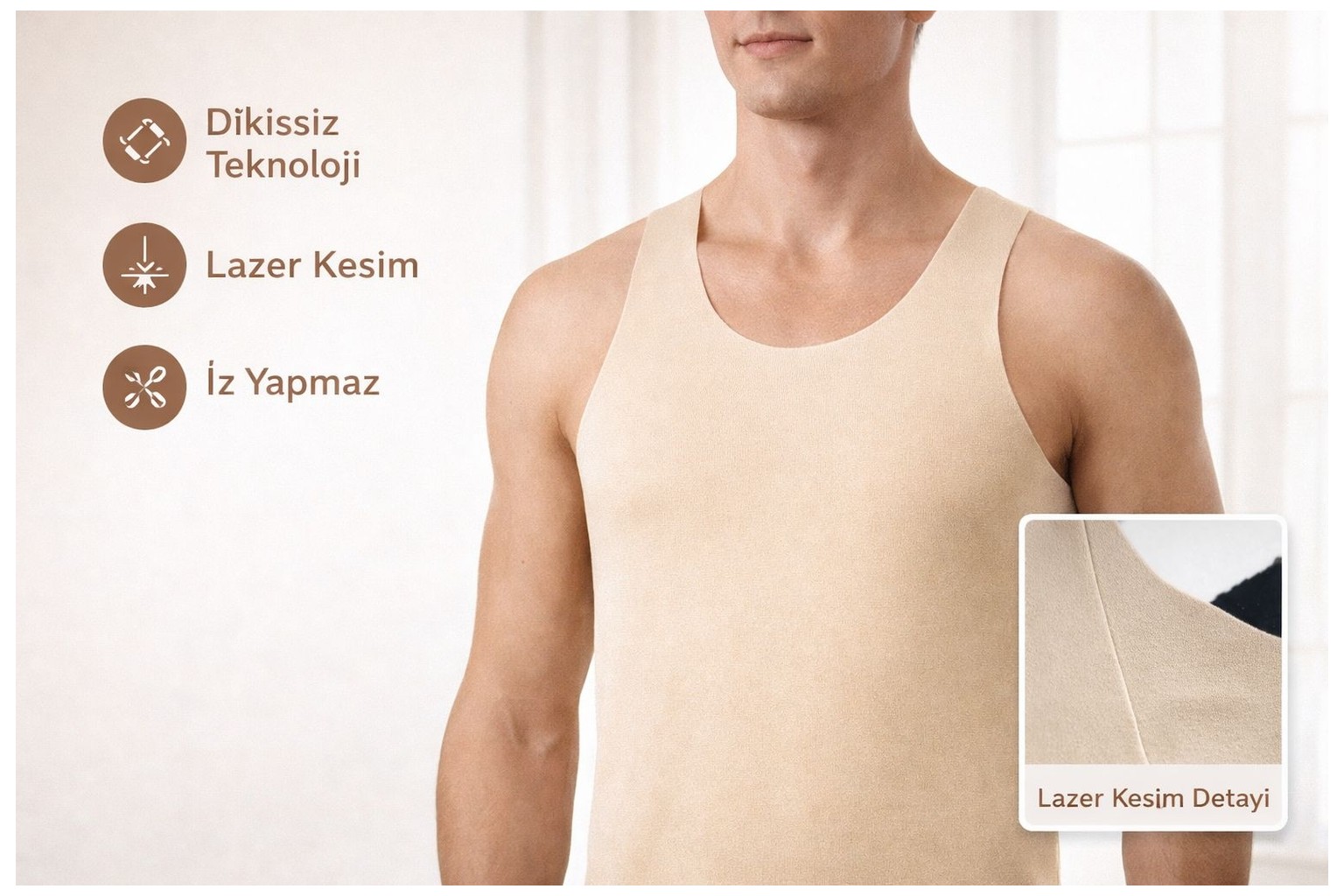 Qulat Berrak Erkek Lazer Kesim Görünmez Dikişsiz Atlet %85 Pamuk %15 Elastan, Slim Fit Iz Yapmaz