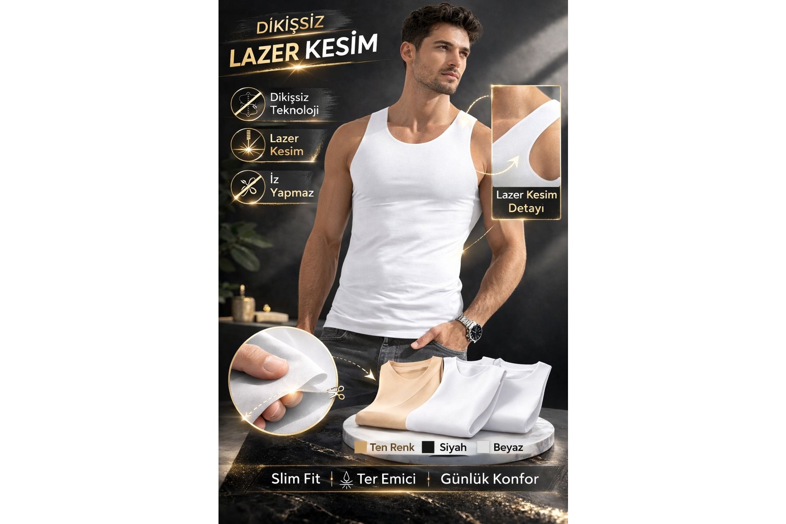 Qulat Berrak Erkek Lazer Kesim Görünmez Dikişsiz Atlet %85 Pamuk %15 Elastan, Slim Fit Iz Yapmaz görsel 7