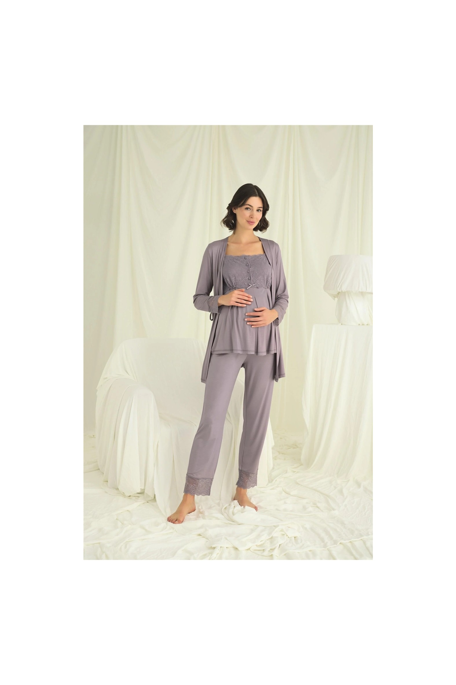Beruflic Angel Dantelli Önü Düğmeli Hamile Lohusa Pijama Takımı Gri %94 Viskon 3'lü Set