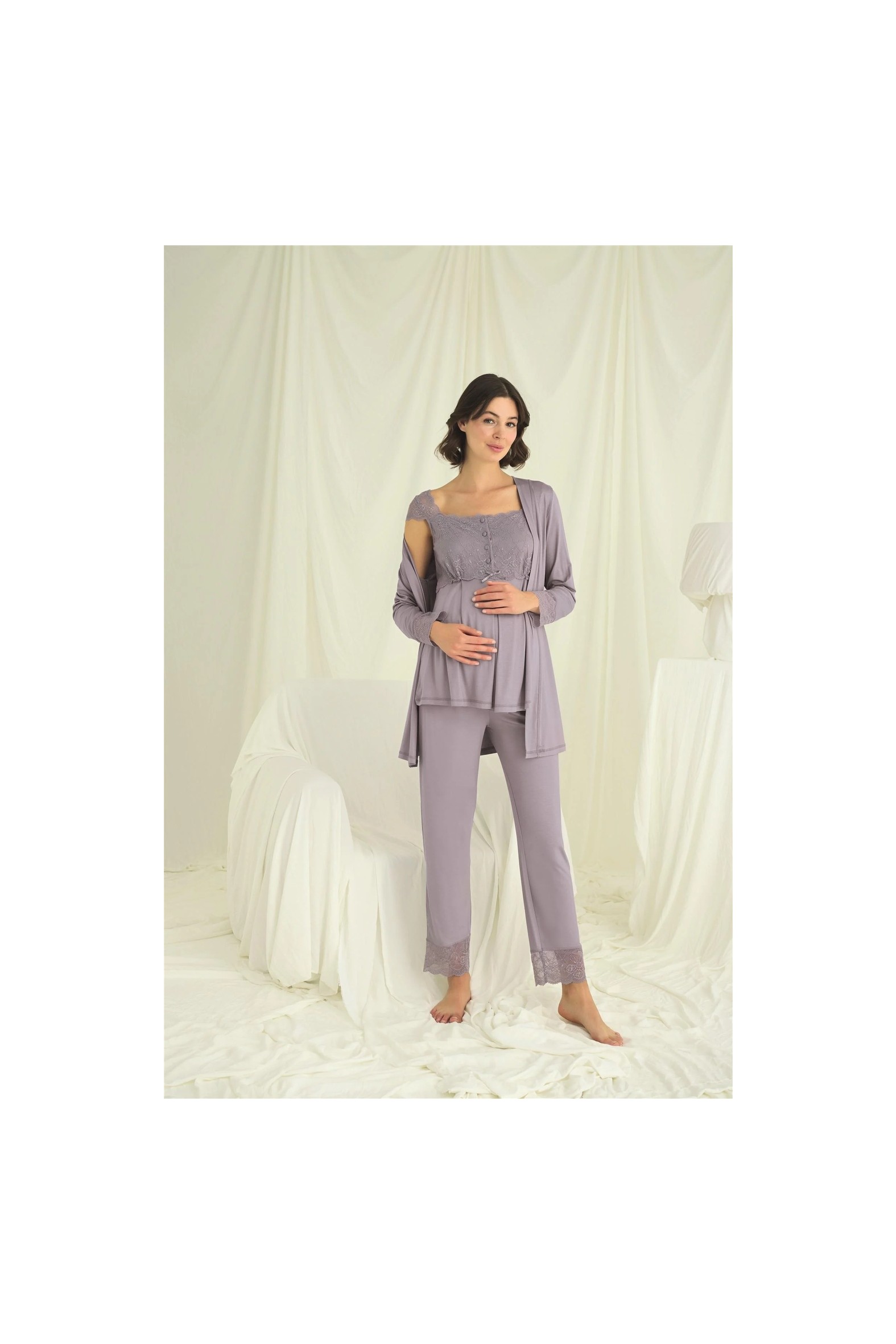 Beruflic Angel Dantelli Önü Düğmeli Hamile Lohusa Pijama Takımı Gri %94 Viskon 3'lü Set görsel 2