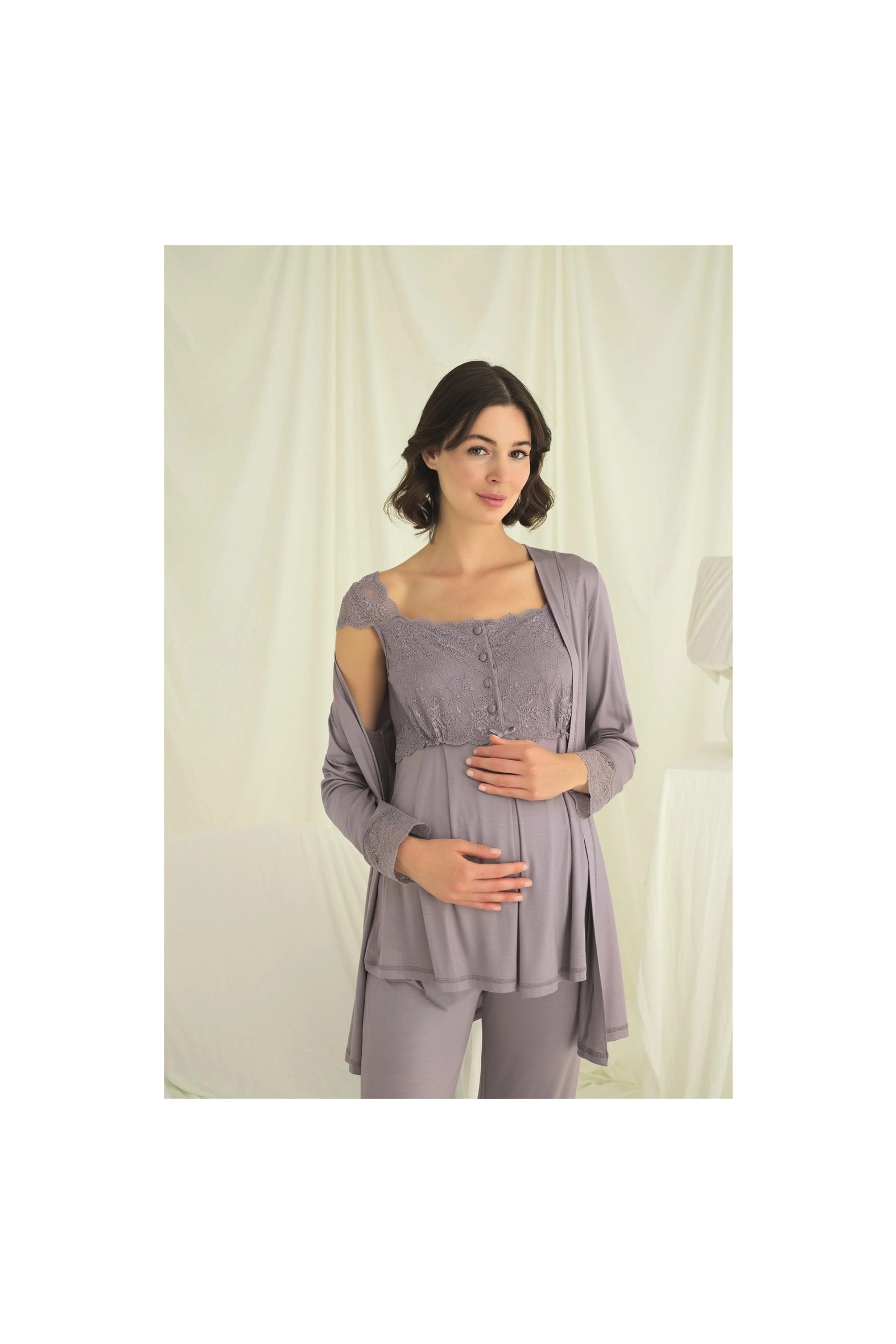 Beruflic Angel Dantelli Önü Düğmeli Hamile Lohusa Pijama Takımı Gri %94 Viskon 3'lü Set görsel 4